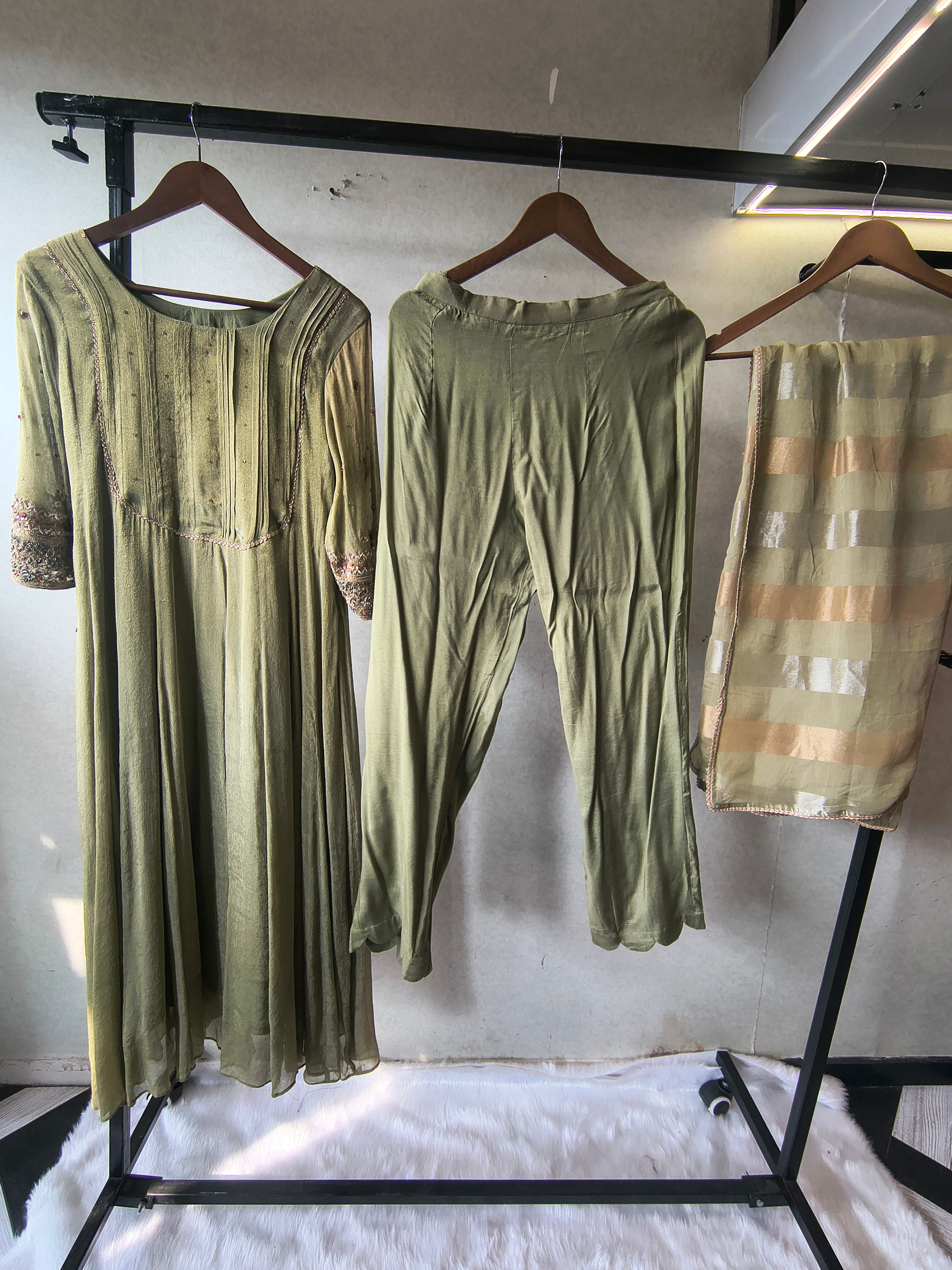 Image of Sage Green Georgette Anarkali Suit Set with Pintuck Yoke, Embroidered Sleeves & Metallic Striped Dupatta – Premium 3 Piece Ethnic Ensemble