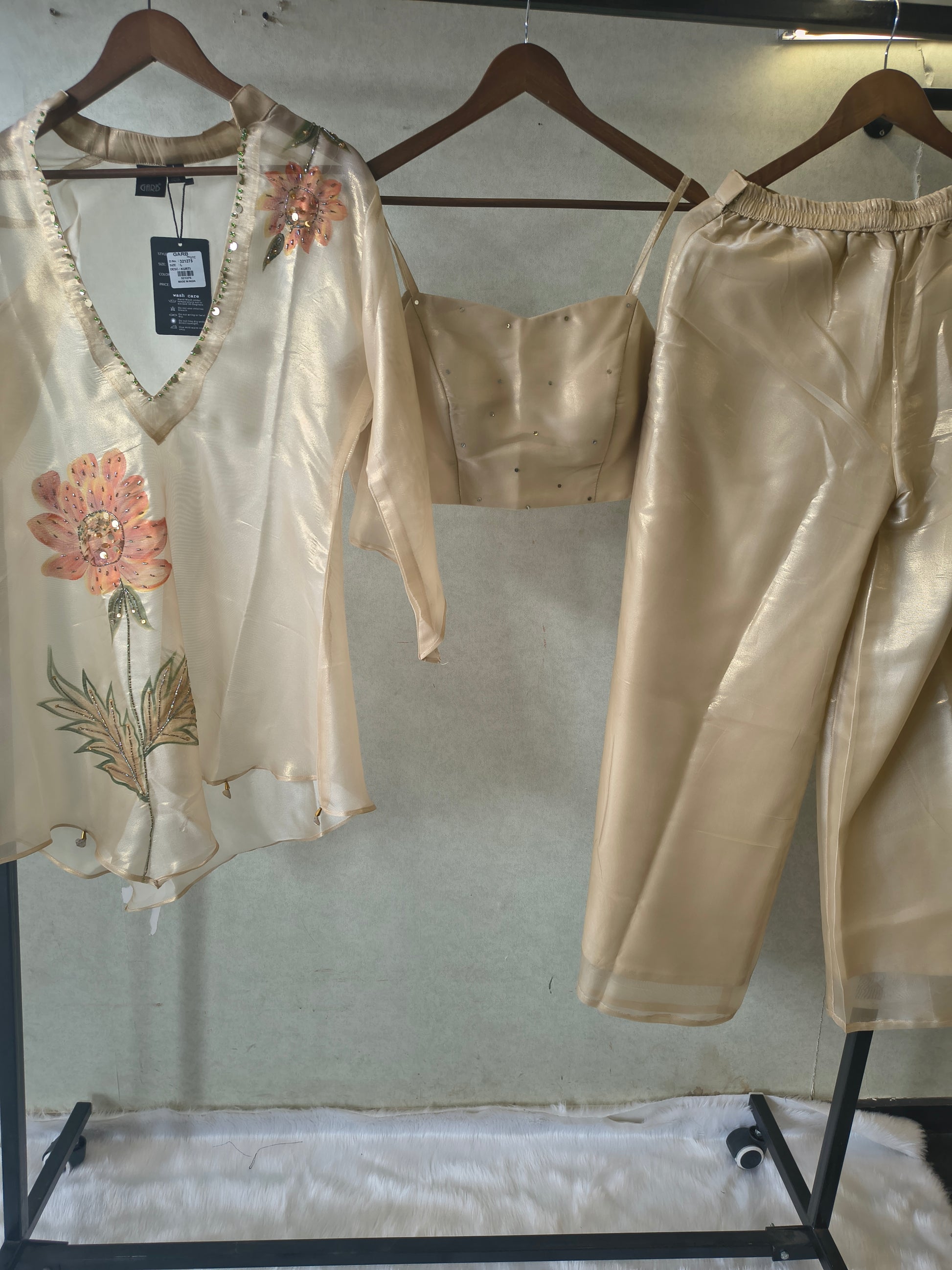 Champagne Gold Floral Hand-Painted Kaftan Co-ord Set with Embellished Blouse & Satin Palazzo