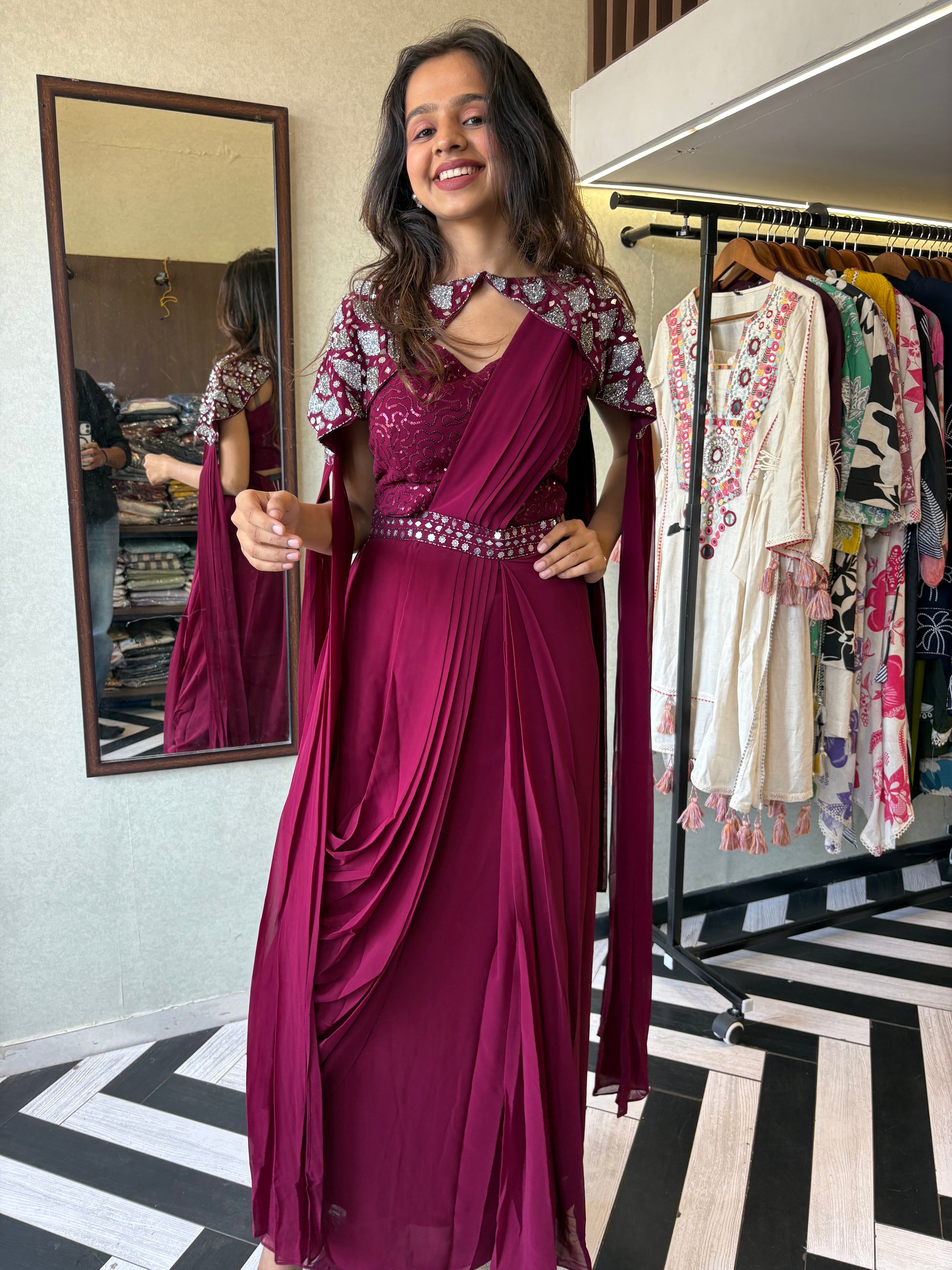 Our Maroon Georgette 3-Piece Saree-Style Indo-Western Set, where classic charm meets modern flair.