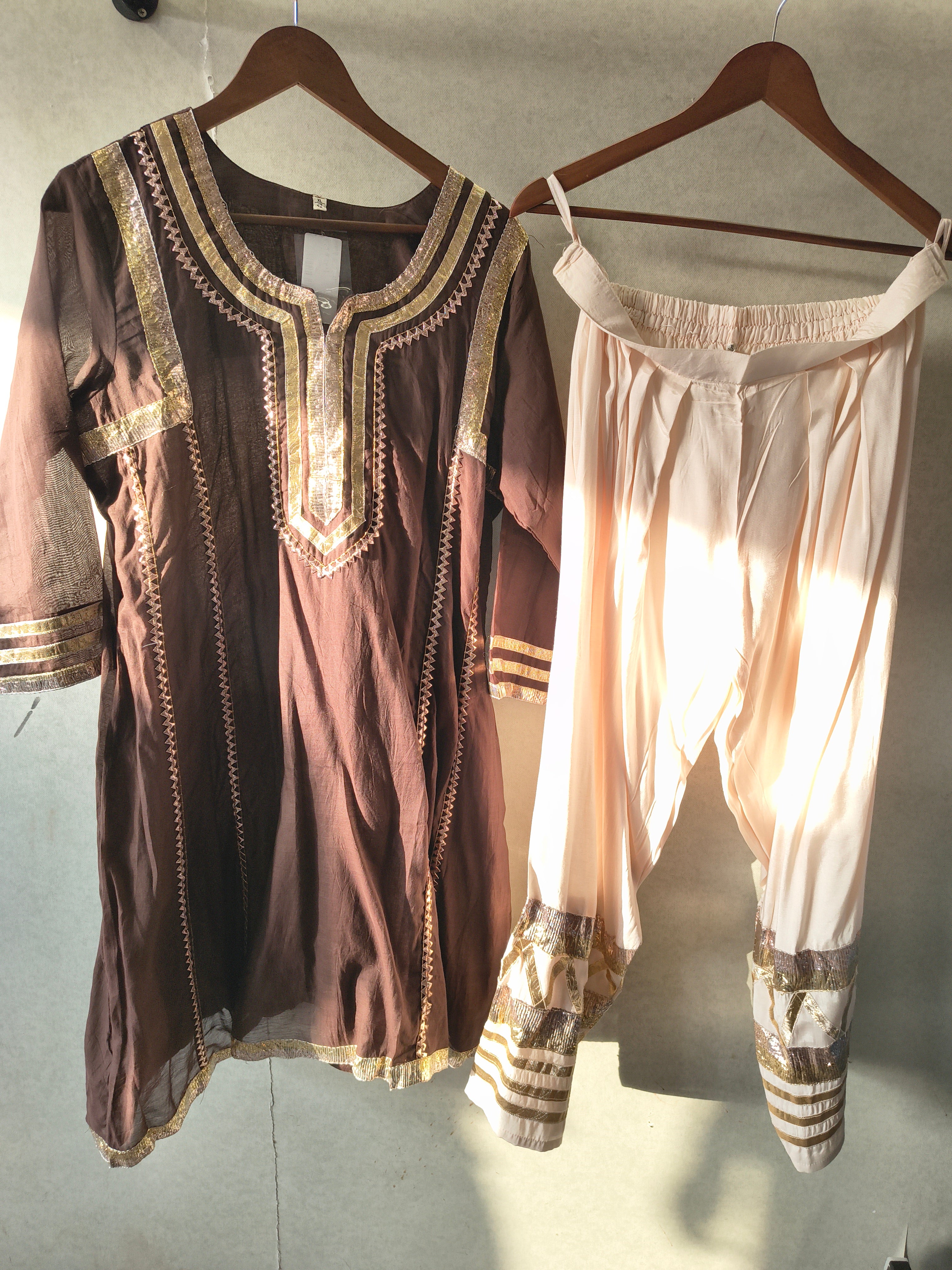 Image of Chocolate Brown Gota Patti Designer Kurta Set with Embellished Dhoti Pants