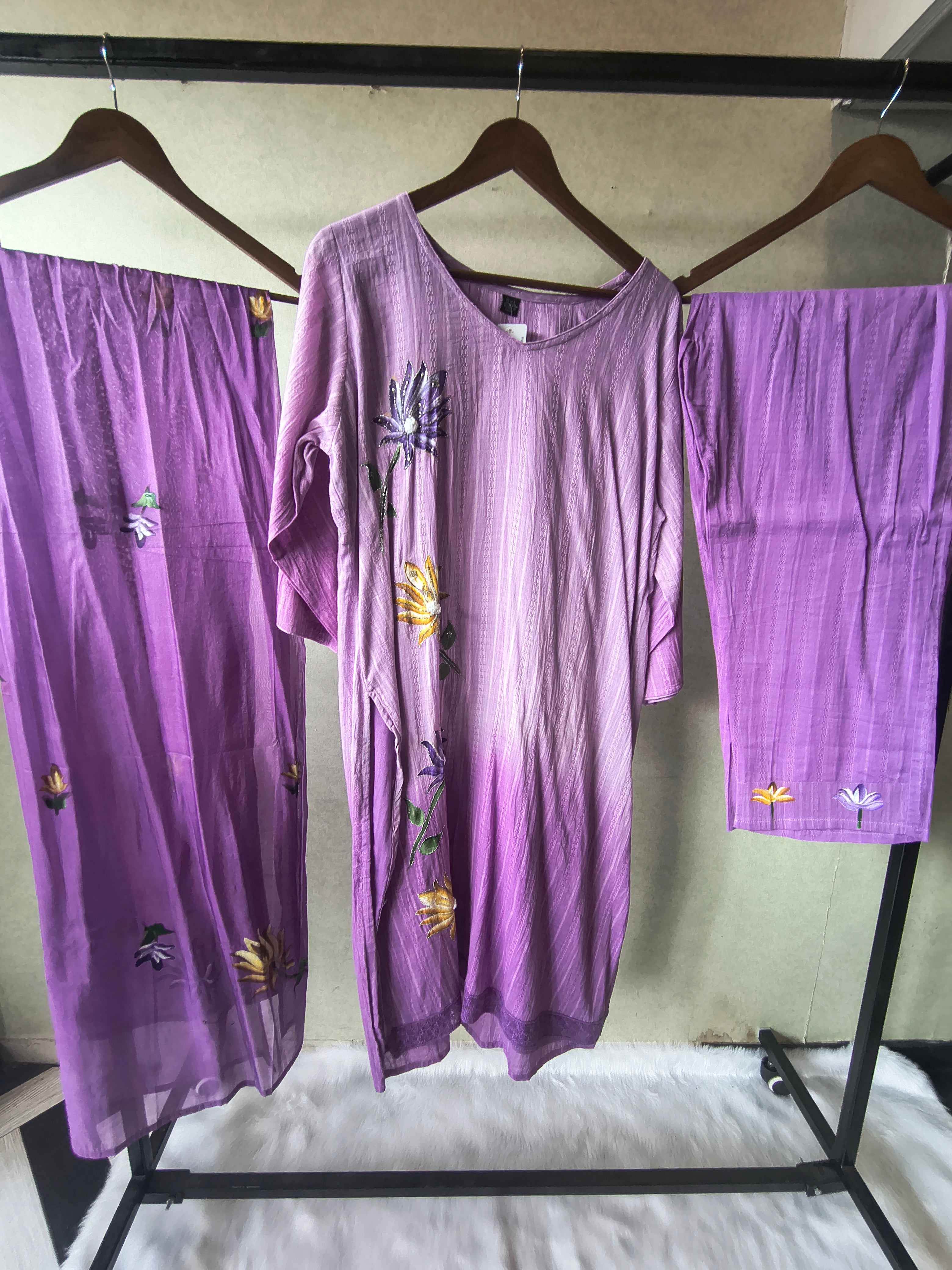Image of Premium Lavender Embroidered Straight Kurta Set with Floral Dupatta & Straight Pants