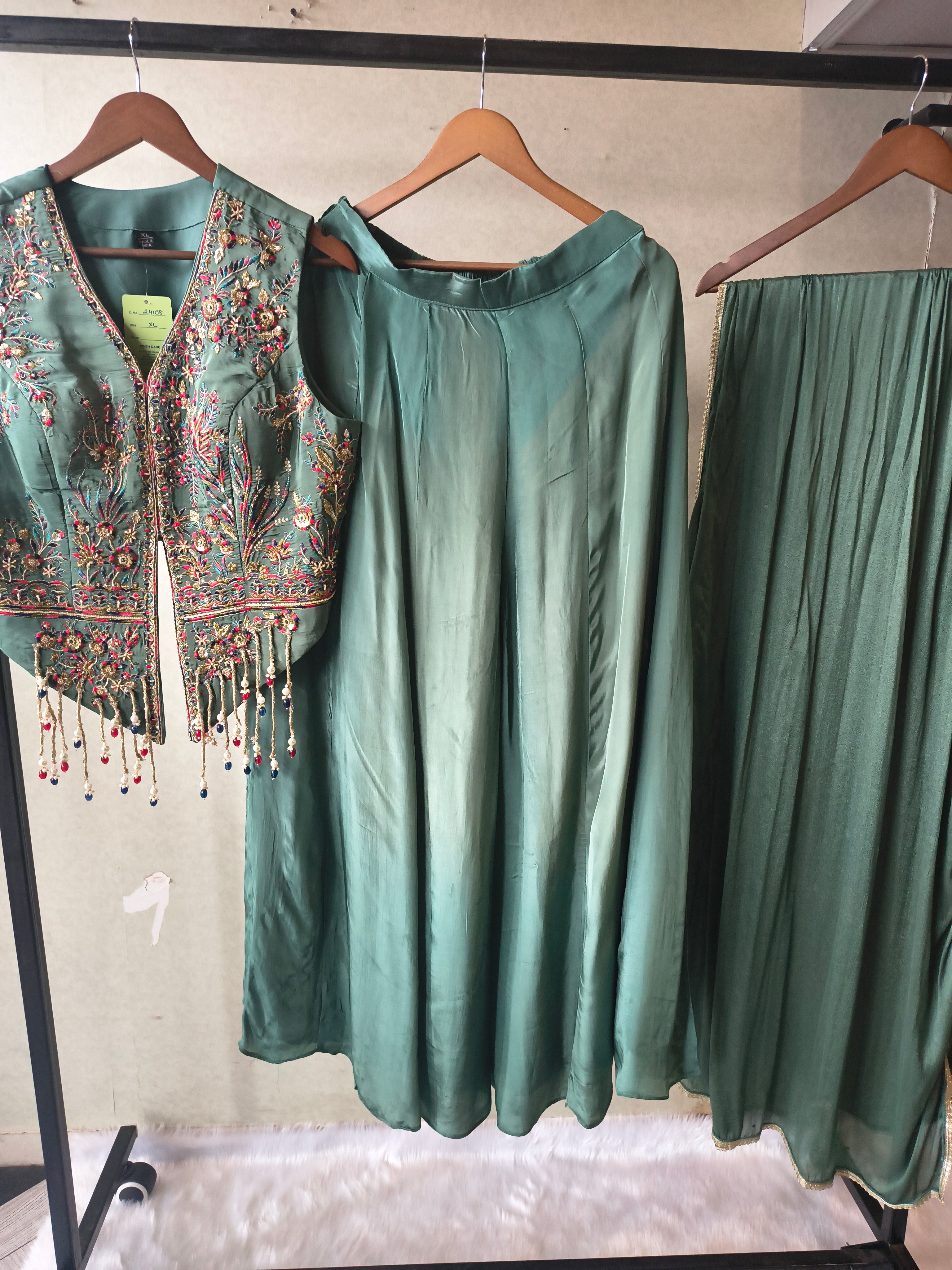 Image of Premium Emerald Green Satin Silk 3-Piece Lehenga Set with Hand Embroidered Crop Jacket & Dupatta