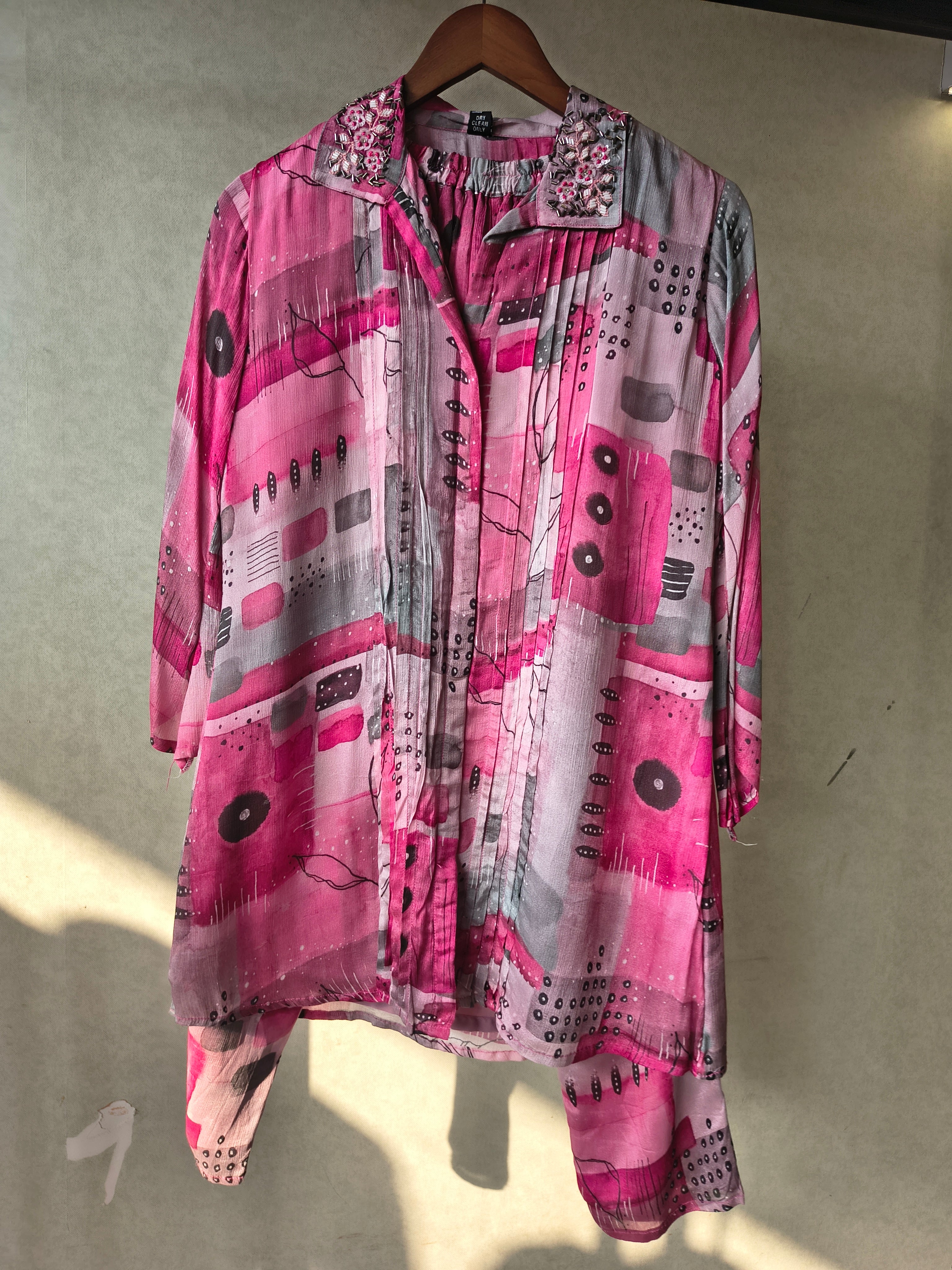 Image of Premium Embellished Abstract Printed Oversized Shirt Co-Ord Set with Tapered Pants