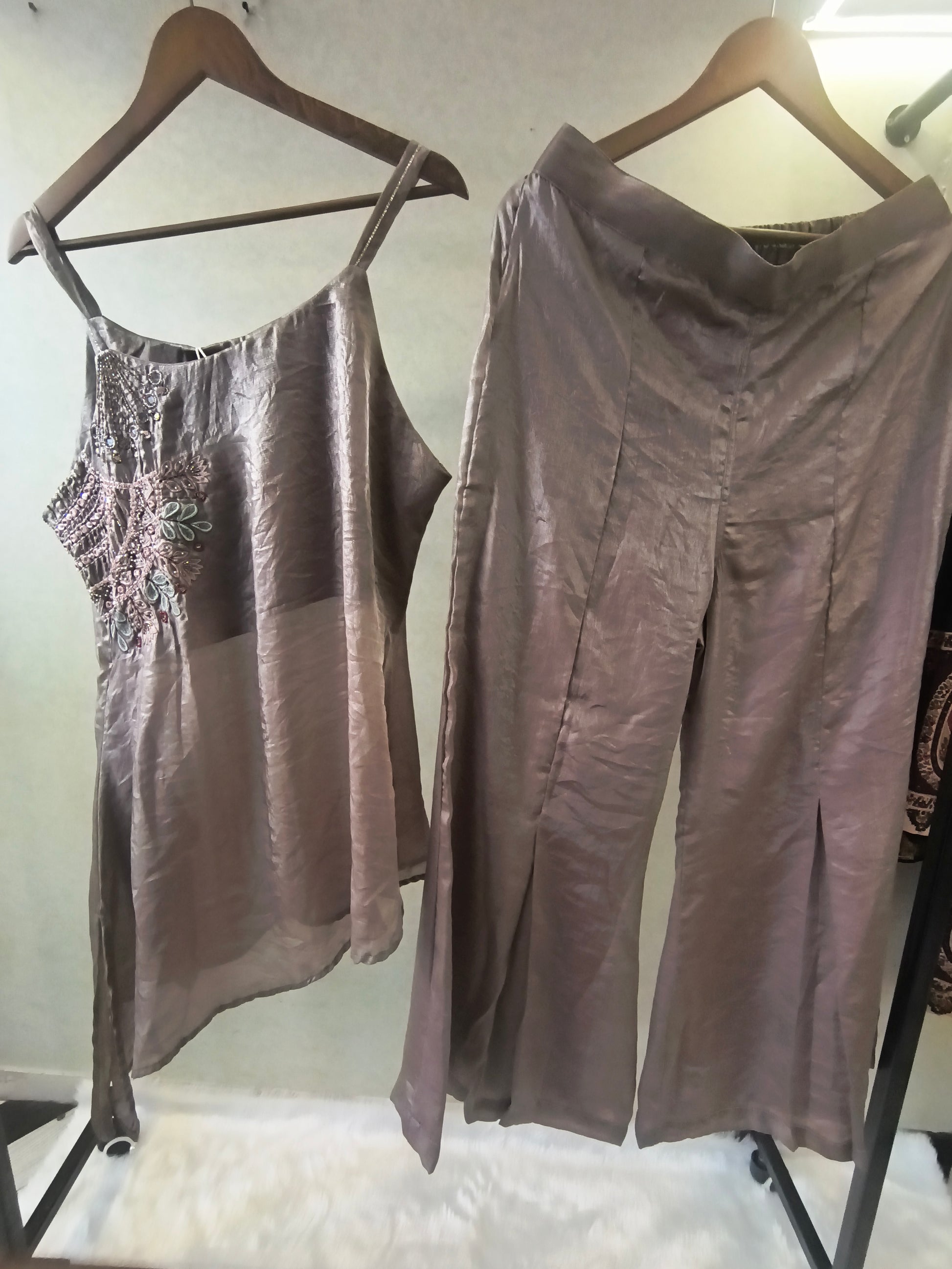 Steel Grey Asymmetrical Embroidered Indo-Western Kurta Set with Straight Pants & Dupatta – 3 Piece Designer Co-Ord Set
