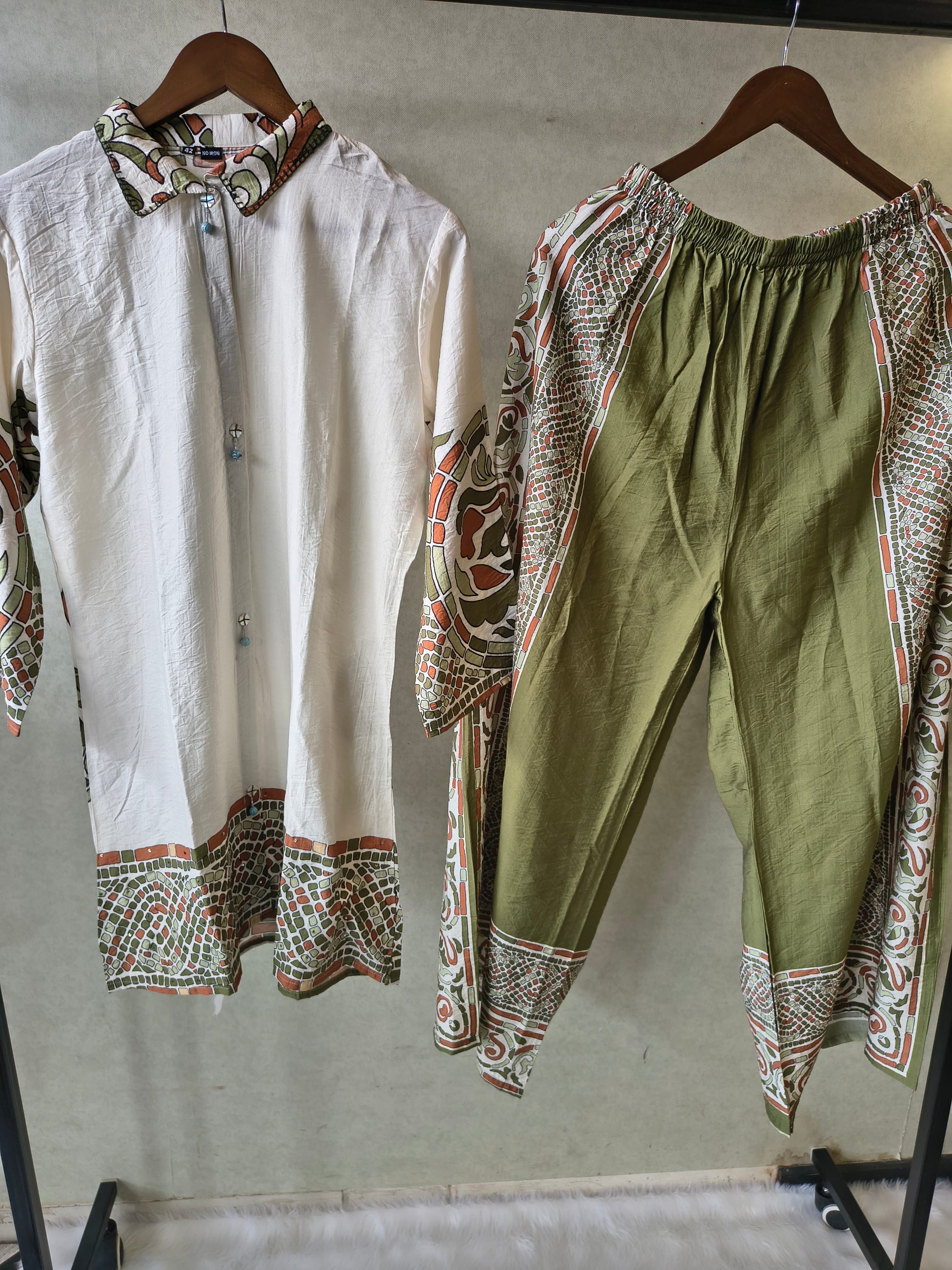 Premium Ivory Printed Cotton Kurta with Olive Pants & Printed Dupatta Set