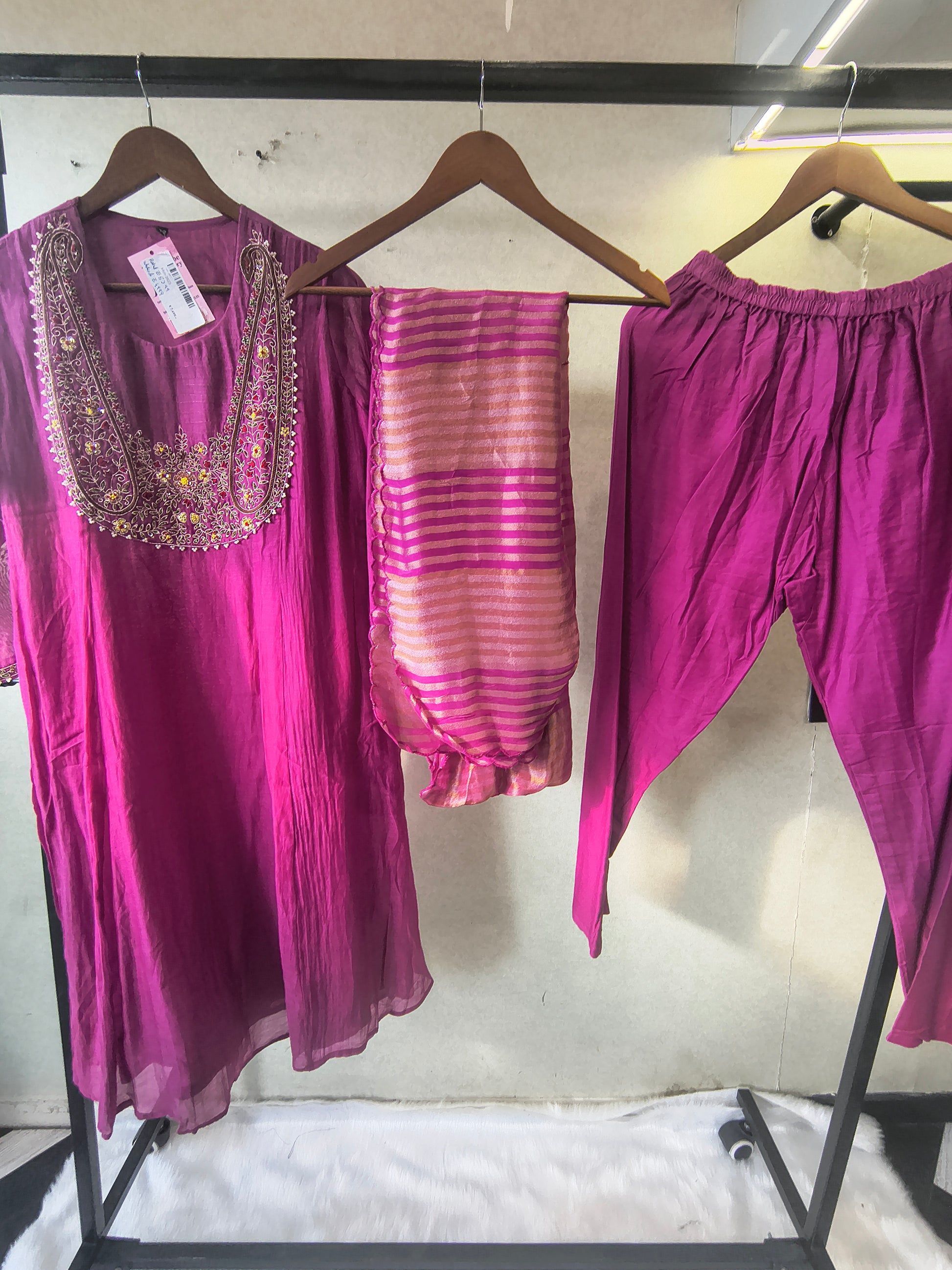 Magenta Embroidered Straight Kurta Set with Heavy Handcrafted Yoke, Striped Organza Dupatta & Premium 3 Piece Ethnic Ensemble