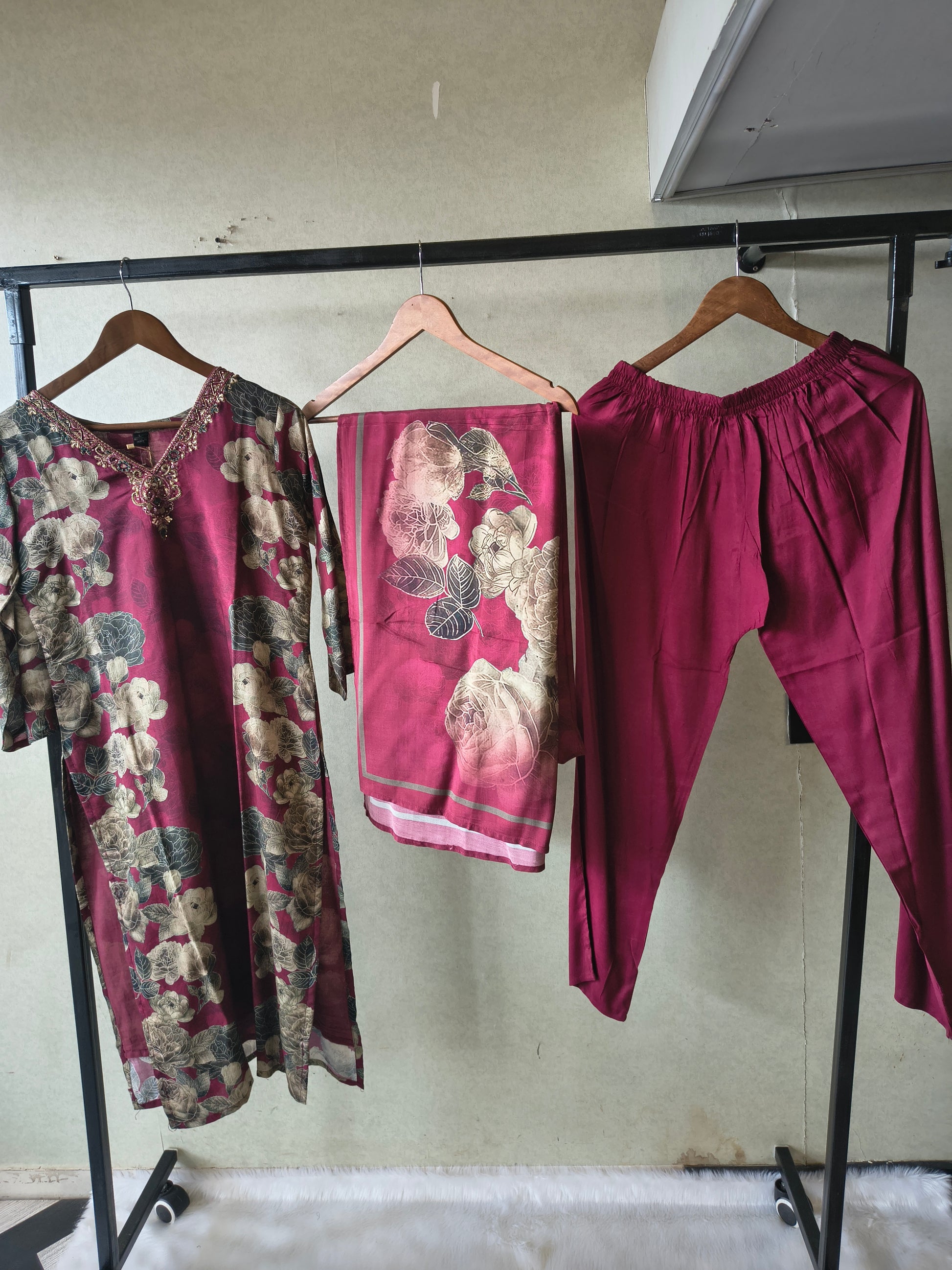 Premium Wine Floral Printed Kurta Set with Solid Pants & Printed Dupatta
