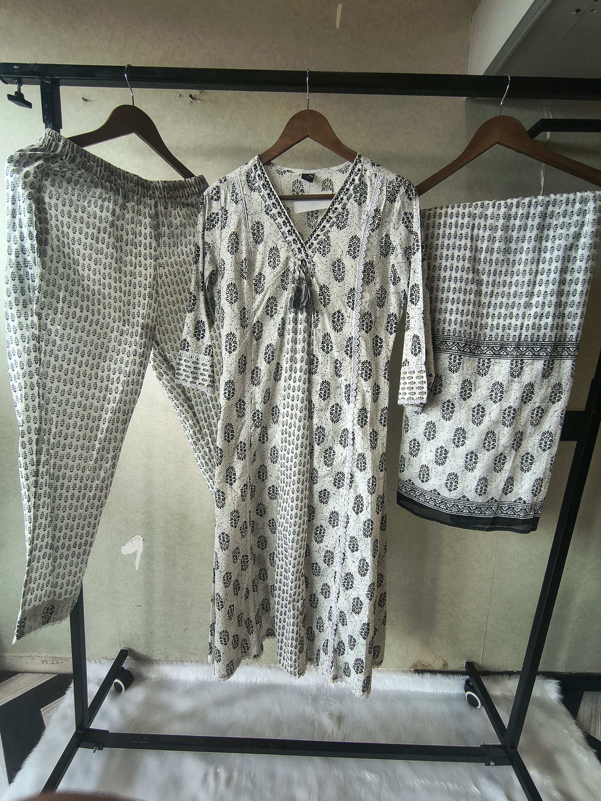 Premium Black & White Hand Block Printed Cotton Anarkali Kurta Set with Printed Pants & Dupatta