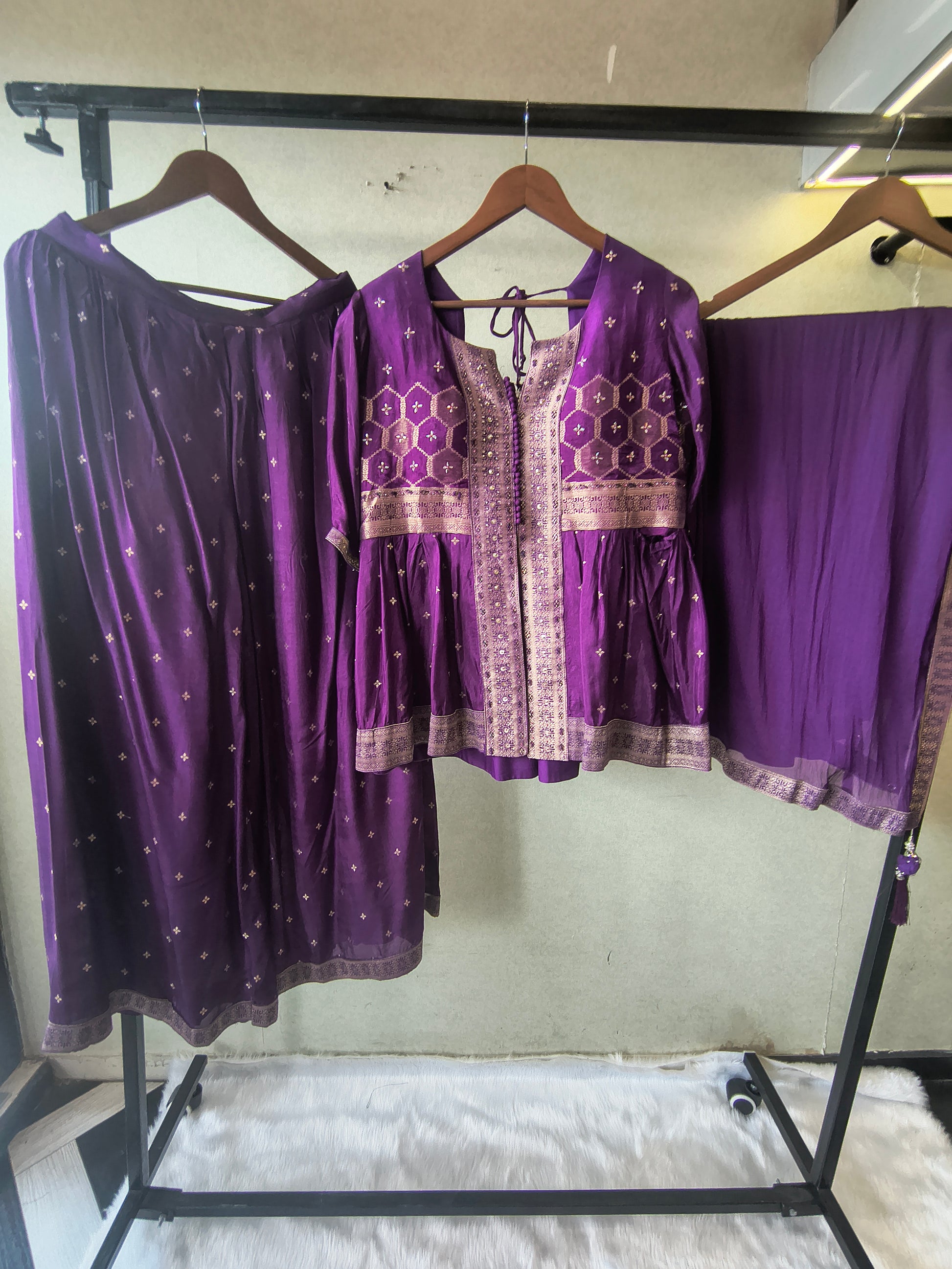 Royal Purple Tissue Silk Embroidered Peplum Jacket with Flared Palazzo & Designer Dupatta – 3 Piece Festive Indo-Western Set