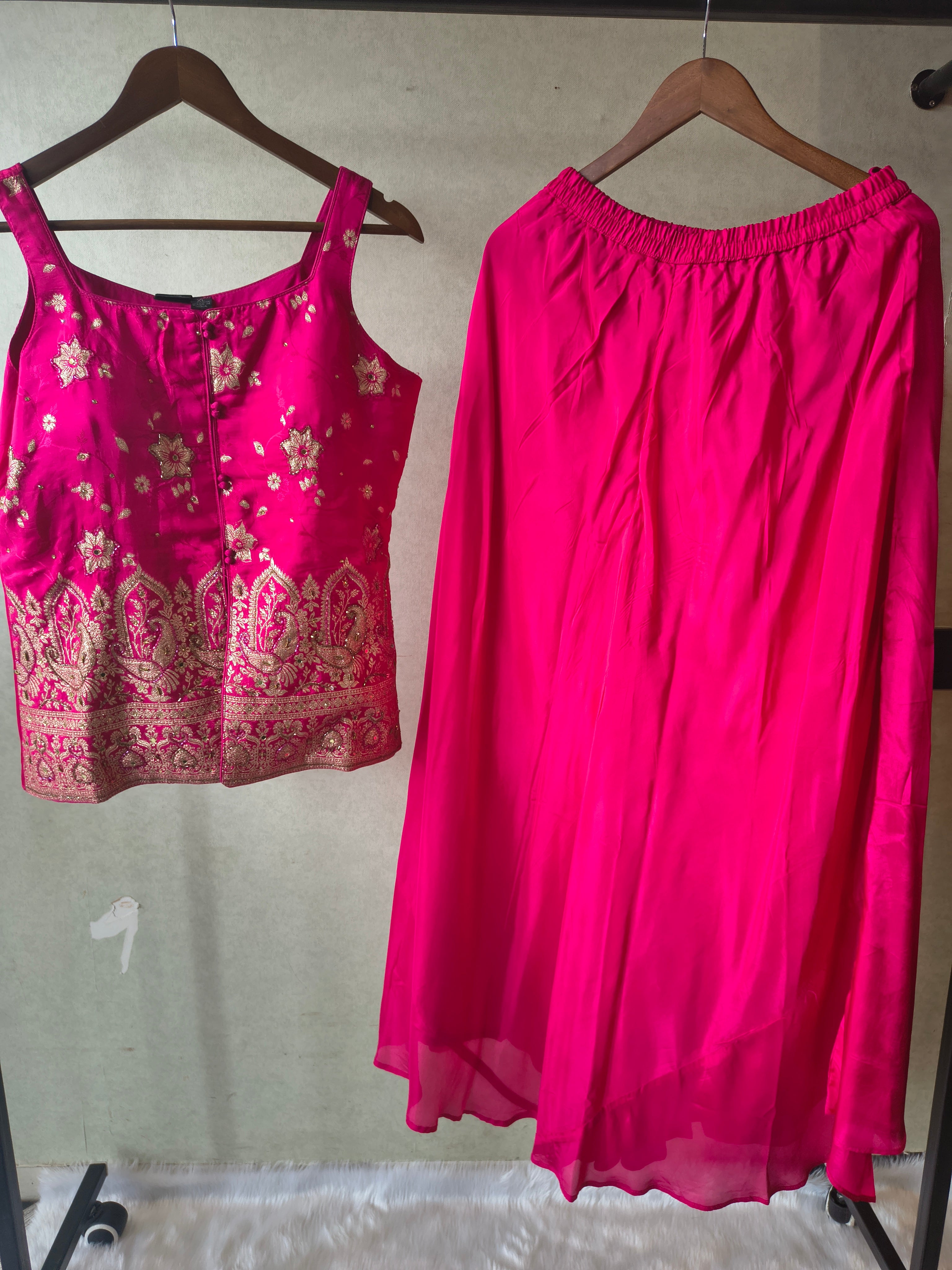 Image of Premium Rani Pink Satin Silk 3-Piece Lehenga Set with Heavy Zari Embroidered Blouse & Dupatta