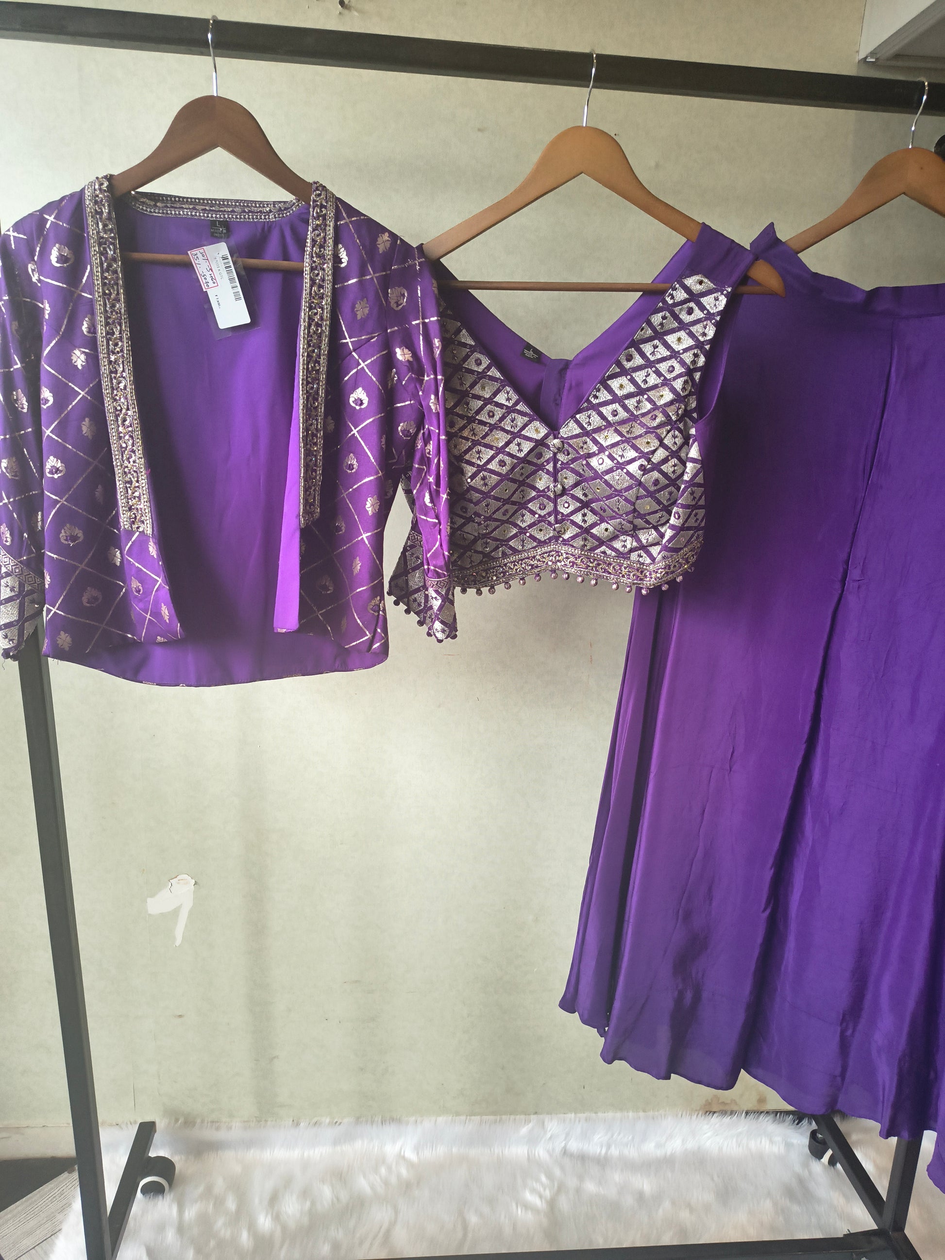 Royal Purple Mirror Embellished Blouse with Printed Jacket & Flared Palazzo – 3 Piece Designer Indo-Western Set