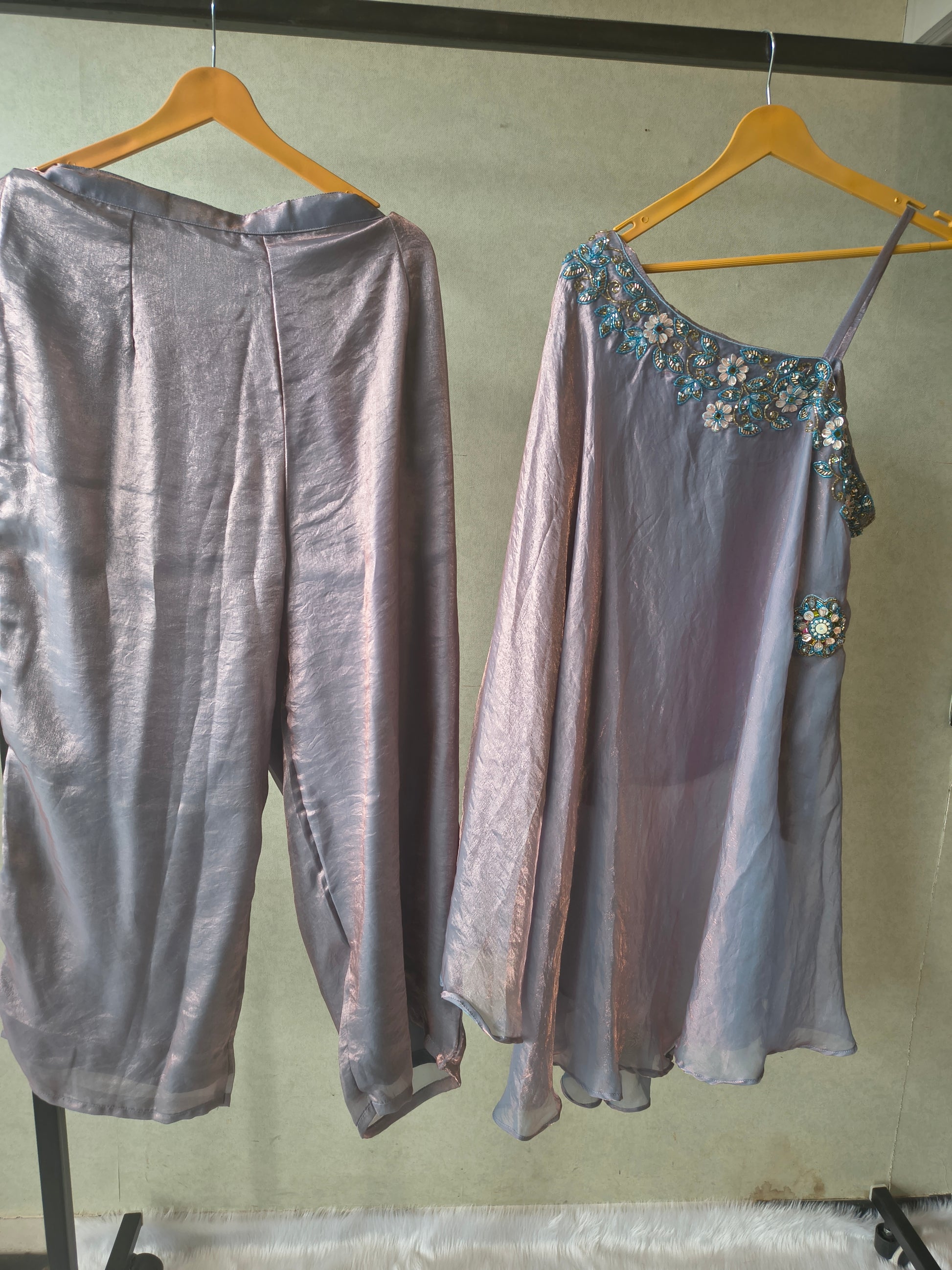 Designer Lilac One-Shoulder Cape Top with Draped Tulip Pants – Luxury Indo-Western Co-Ord Set