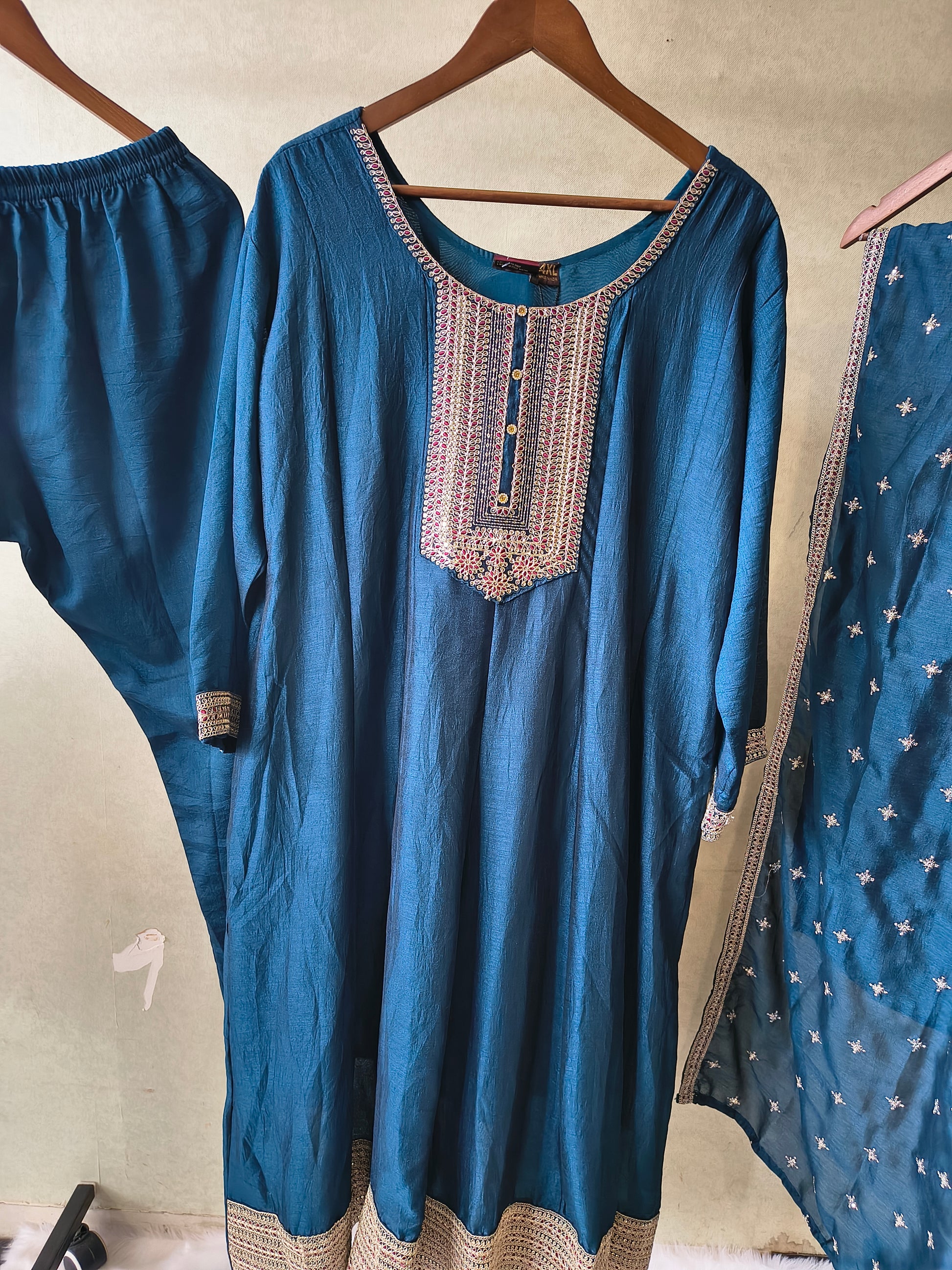 Premium Teal Blue Embroidered Kurta Set with Dupatta