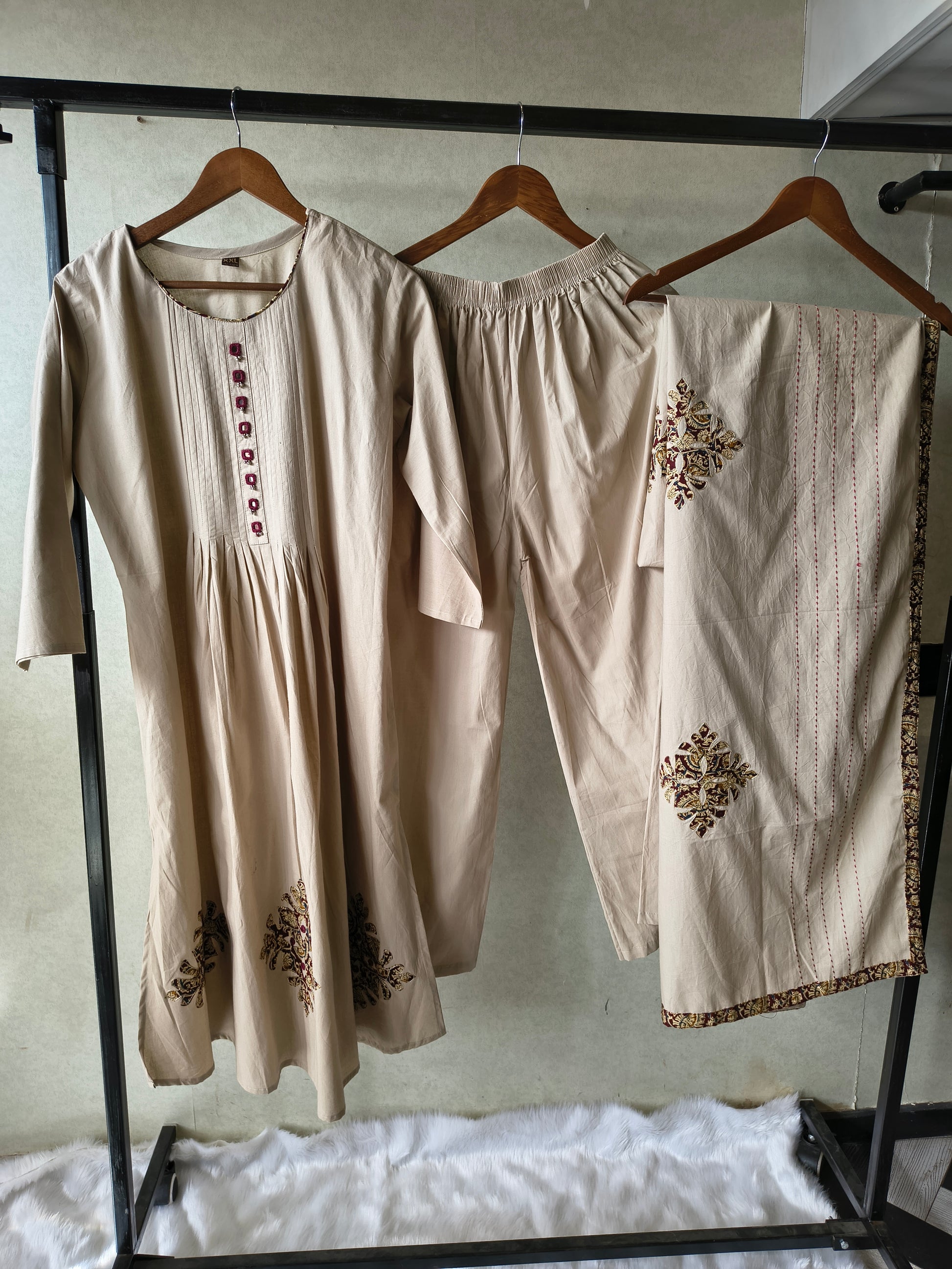 Beige Embroidered Three-Piece Kurta Set with Pintuck Detailing & Designer Dupatta