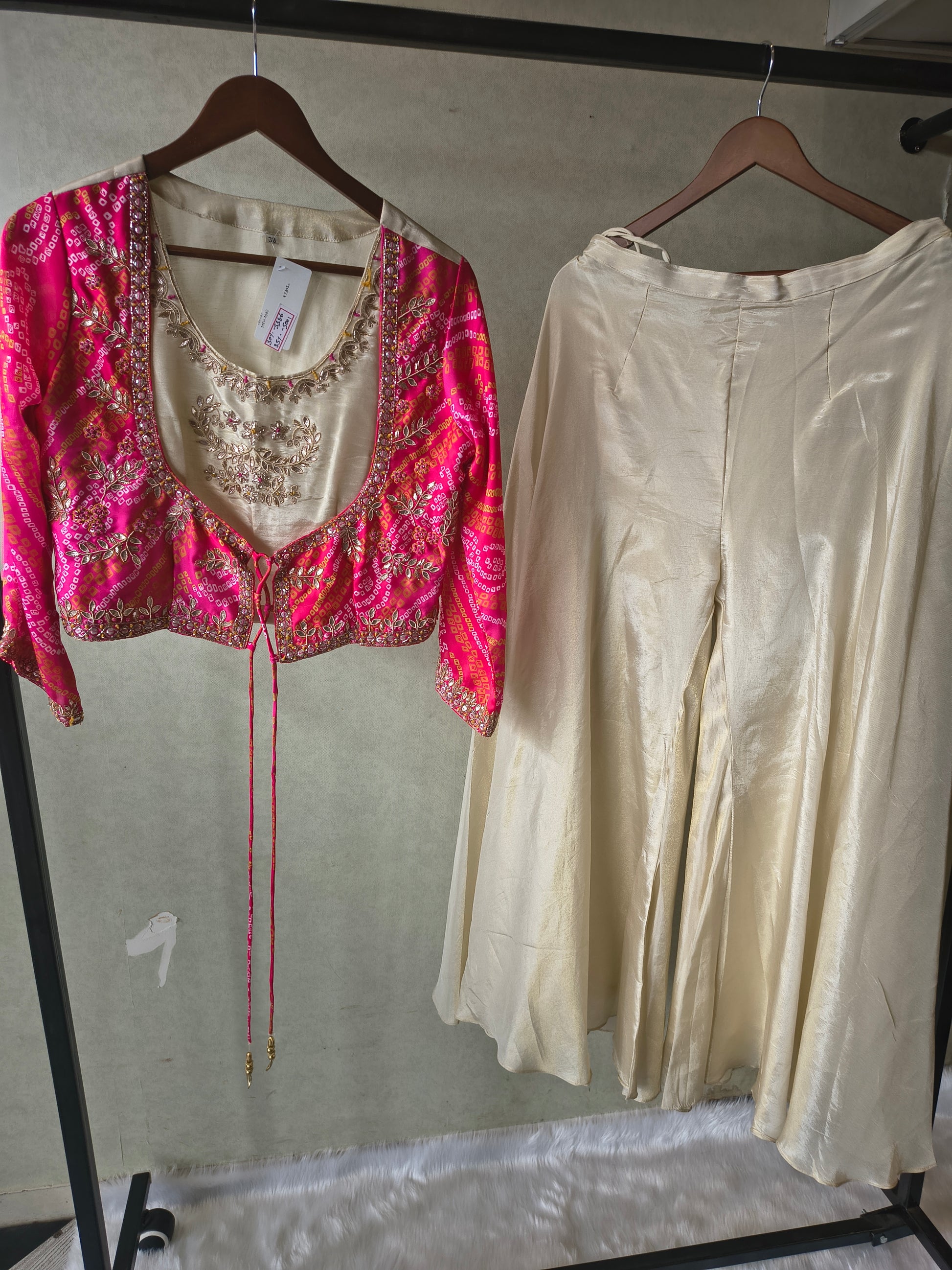 Premium Hot Pink Bandhani Print Embroidered Jacket Blouse with Ivory Flared Palazzo Set