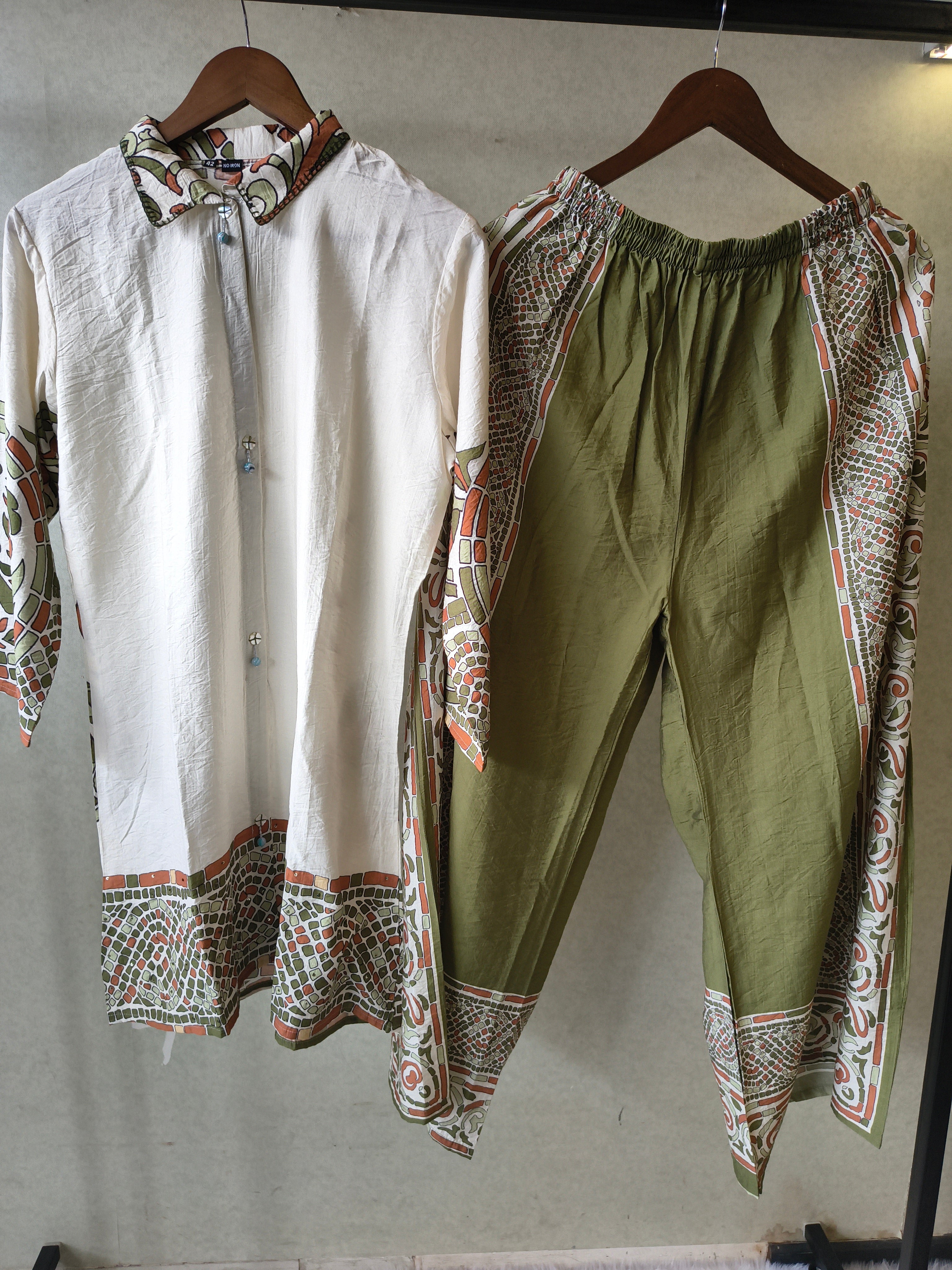 Image of Premium Ivory Printed Cotton Kurta with Olive Pants & Printed Dupatta Set