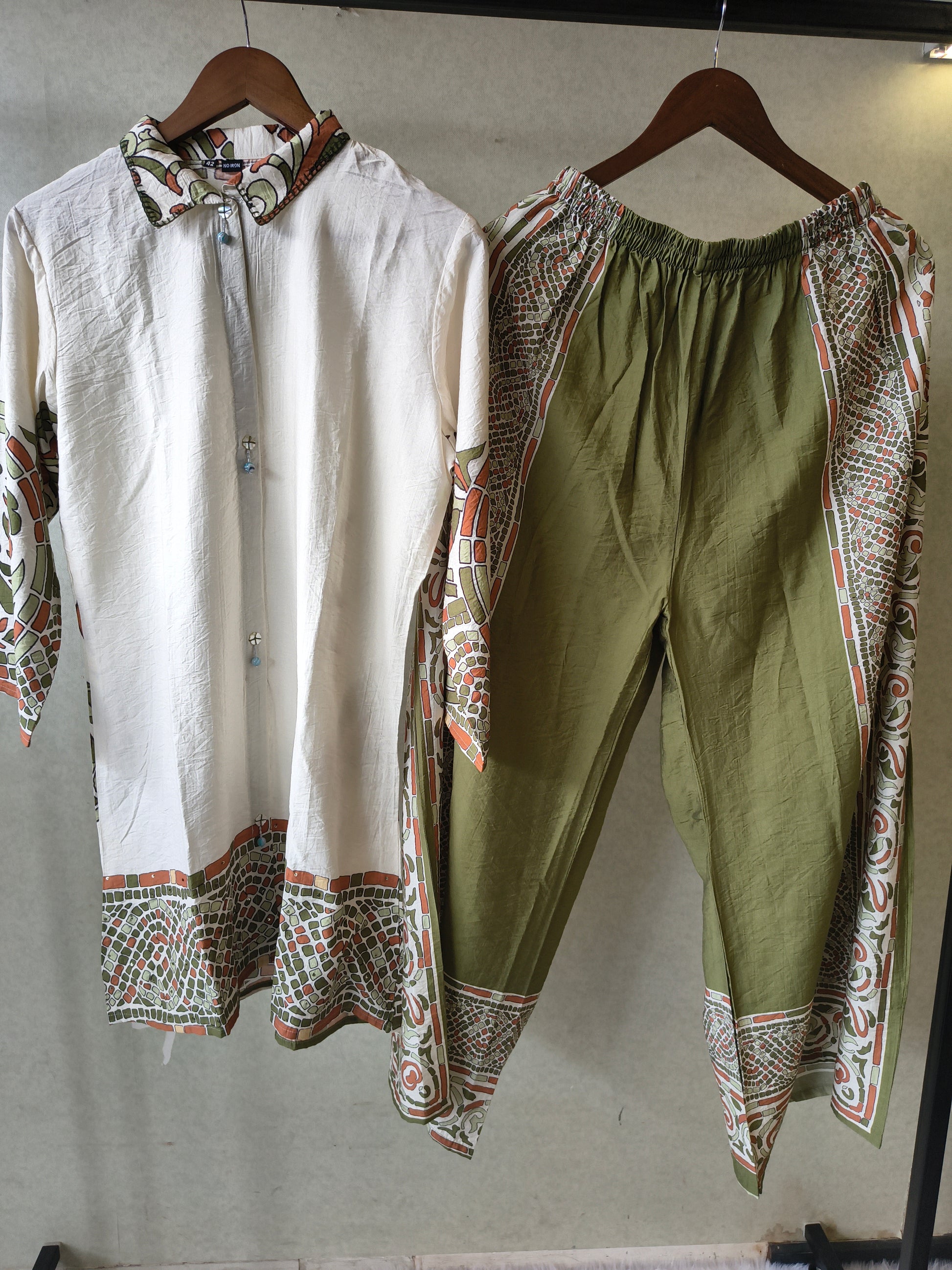 Premium Ivory Printed Cotton Kurta with Olive Pants & Printed Dupatta Set