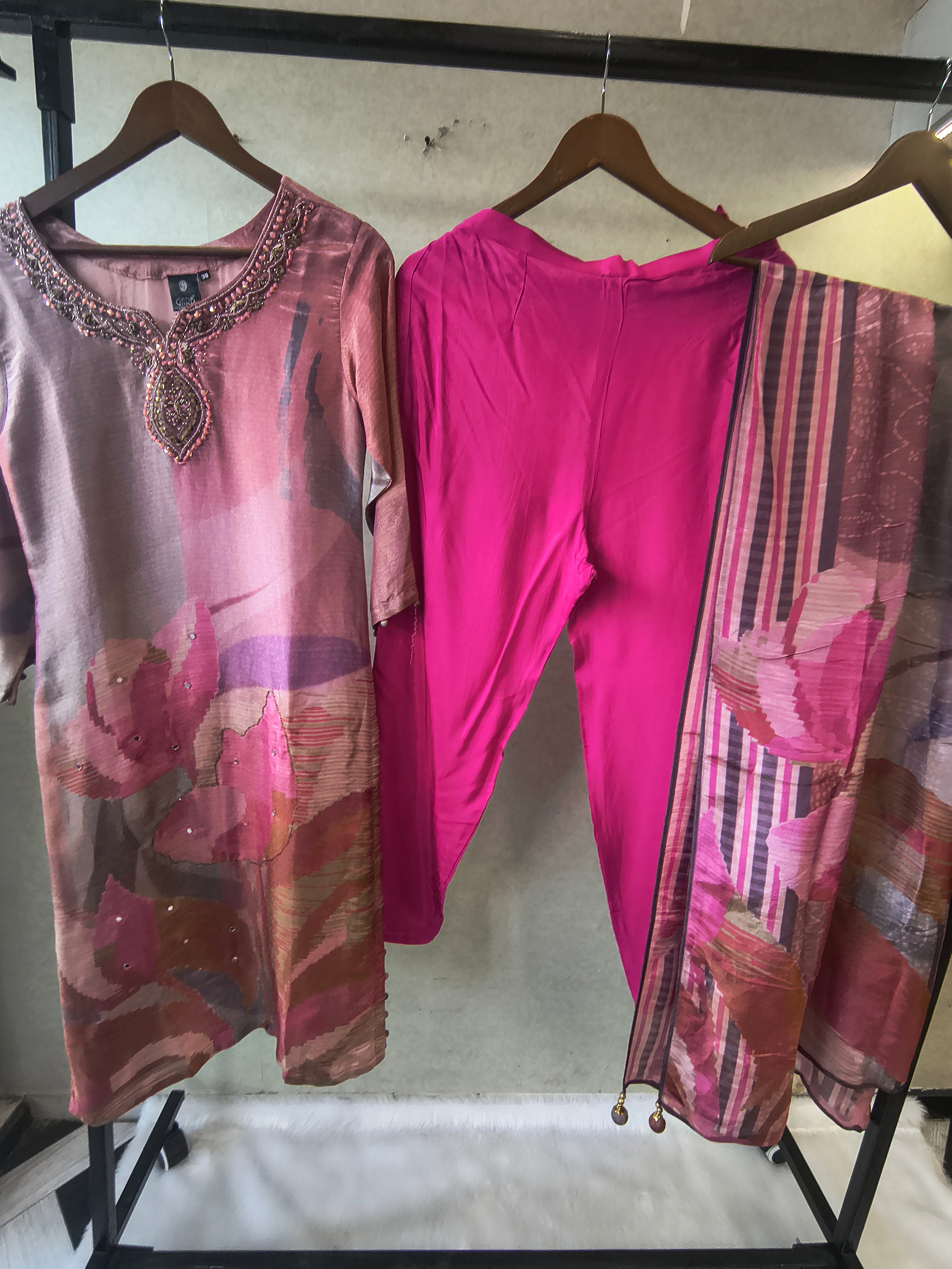 Image of Dusty Rose Abstract Printed Kurta Set with Embellished Neckline & Dupatta | Premium 3 Piece Ethnic Suit