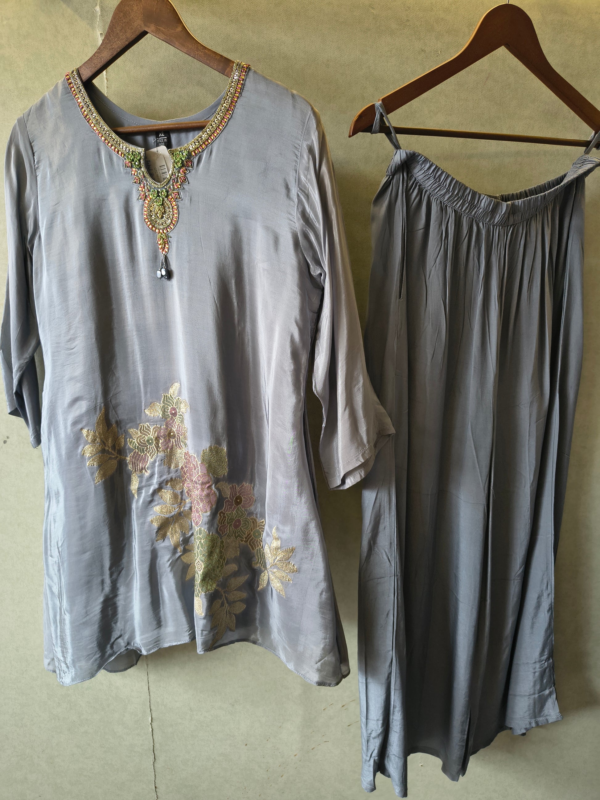 Grey Embroidered Premium Silk Co-Ord Set