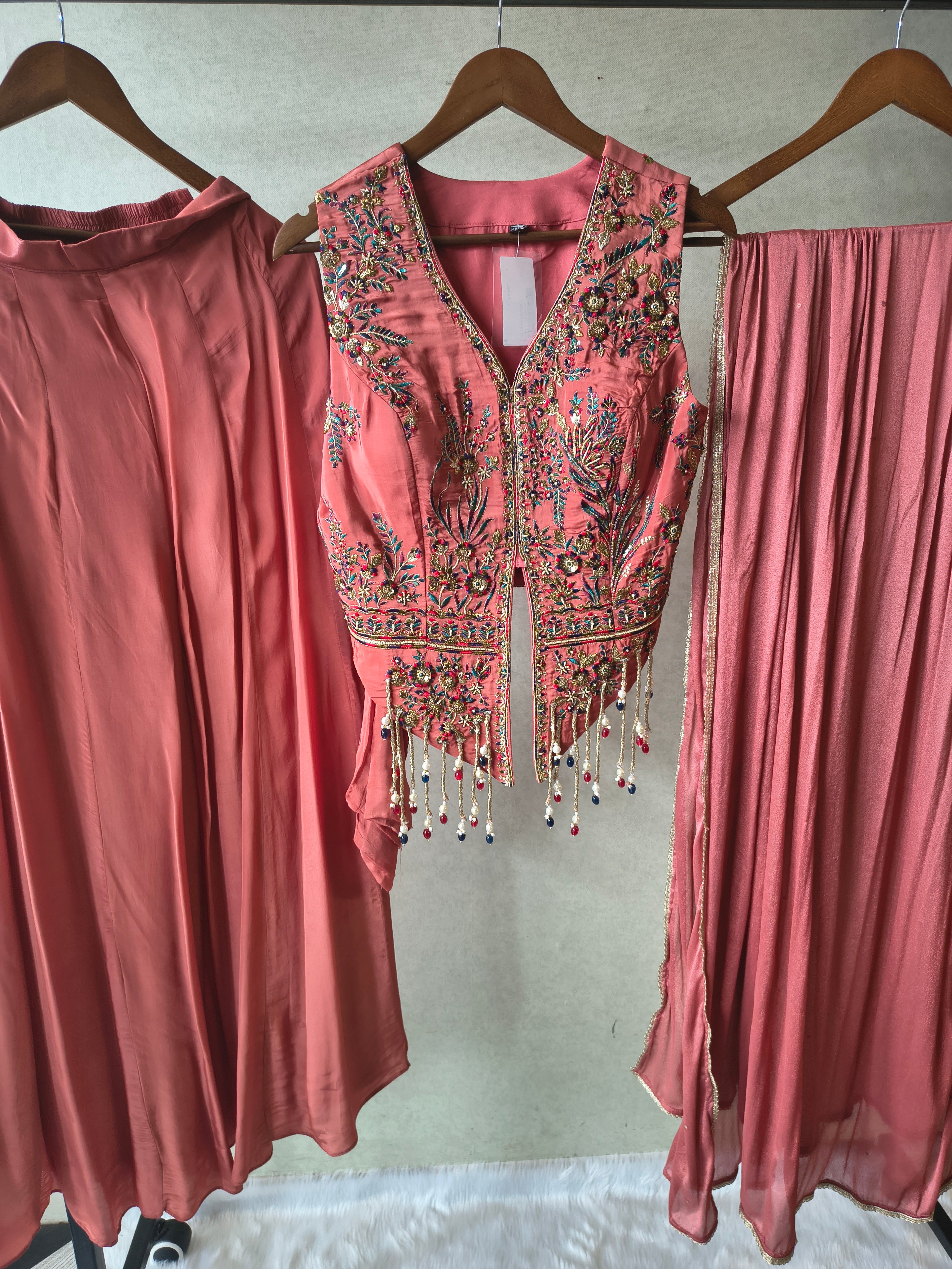 Image of Premium Dusty Rose 3-Piece Designer Lehenga Set with Heavily Embroidered Jacket Blouse & Sequined Dupatta