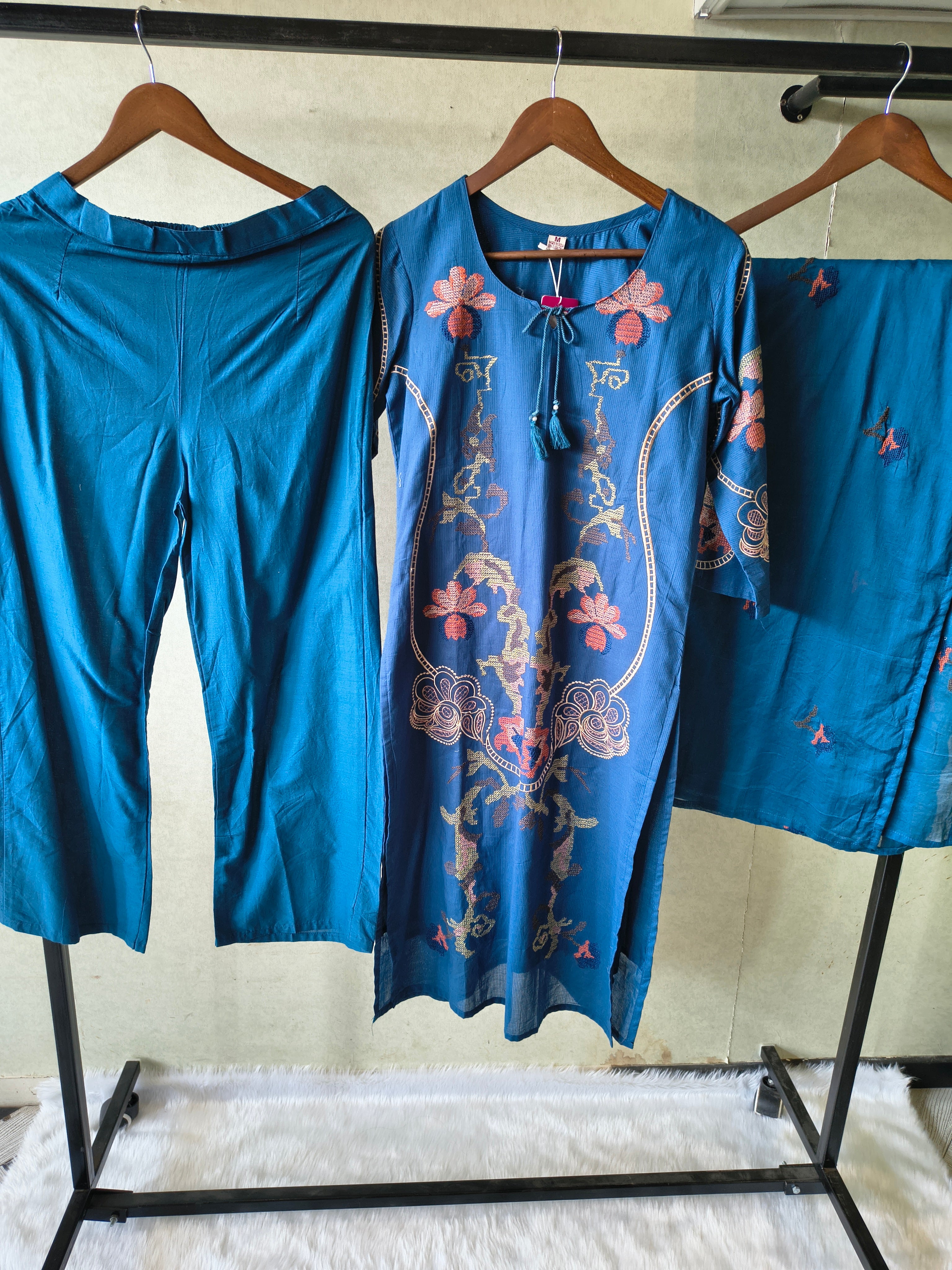 Image of Teal Blue Cotton 3-Piece Suit Set with Floral Vine Embroidery & Embroidered Dupatta