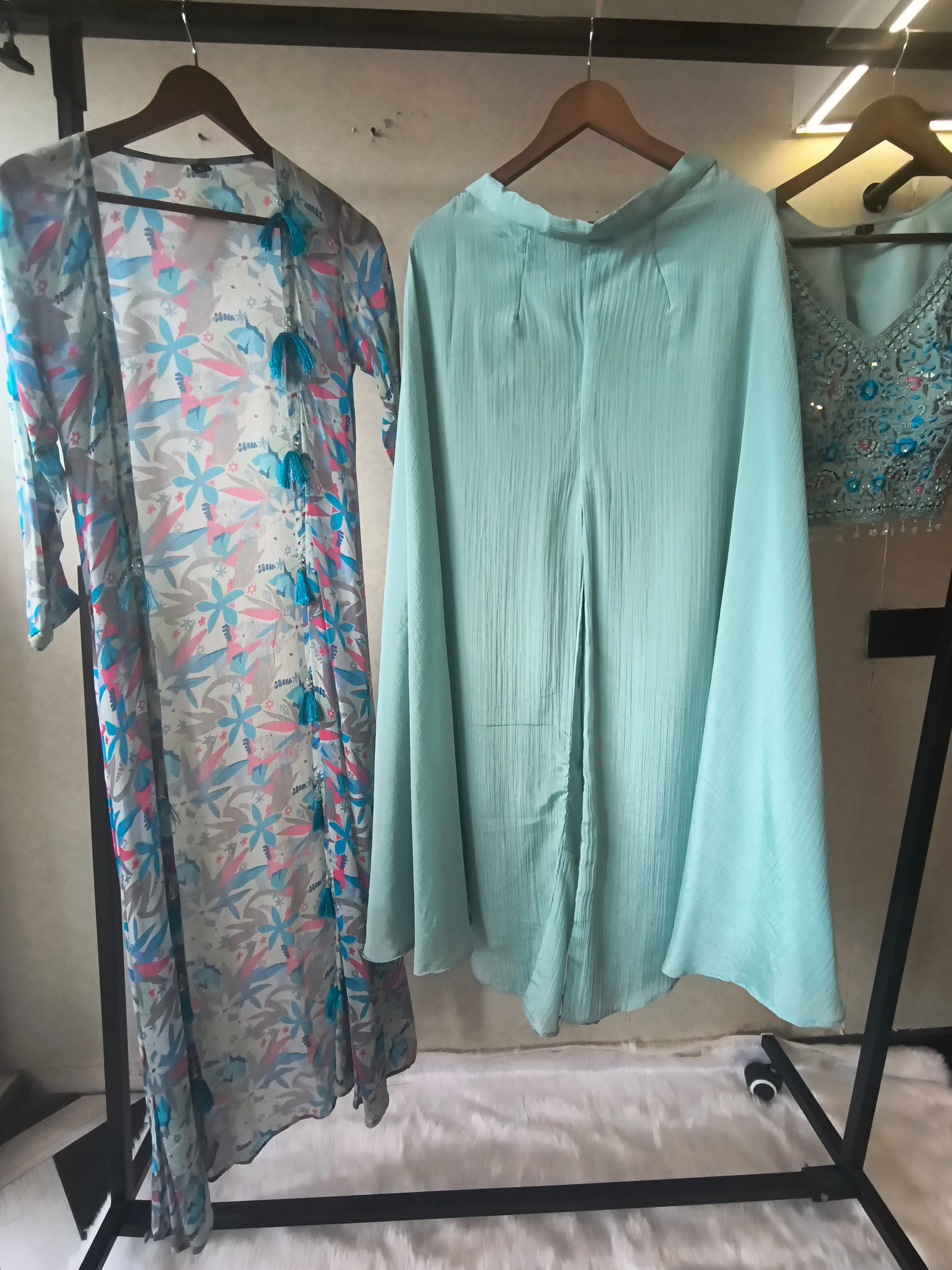 Powder Blue Mirror Embroidered Blouse with Drape Palazzo & Printed Tassel Dupatta – Designer 3 Piece Indo-Western Set