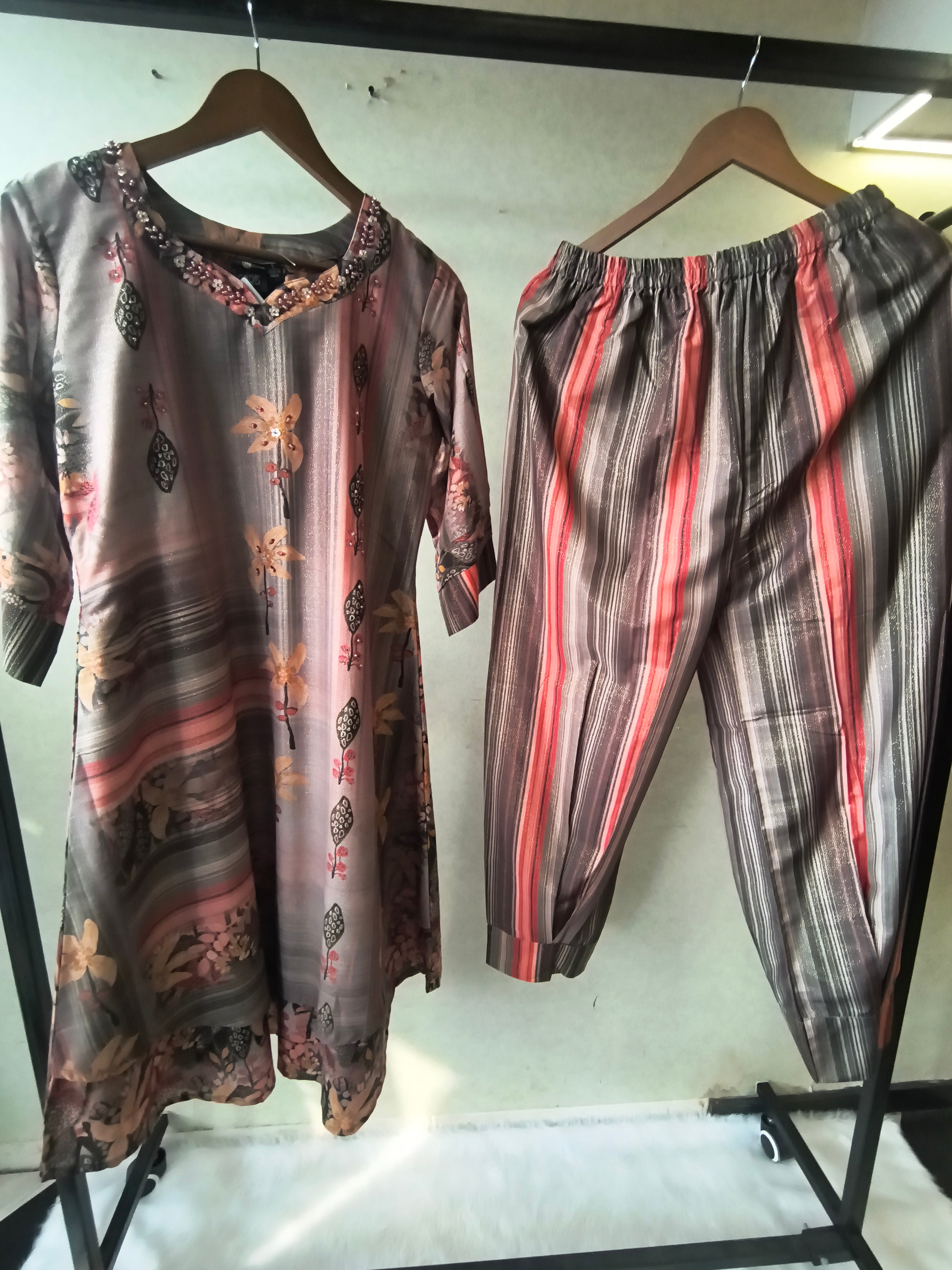 Image of Premium Smoky Grey Artistic Printed Kurta with Striped Tapered Pants Co-Ord Set