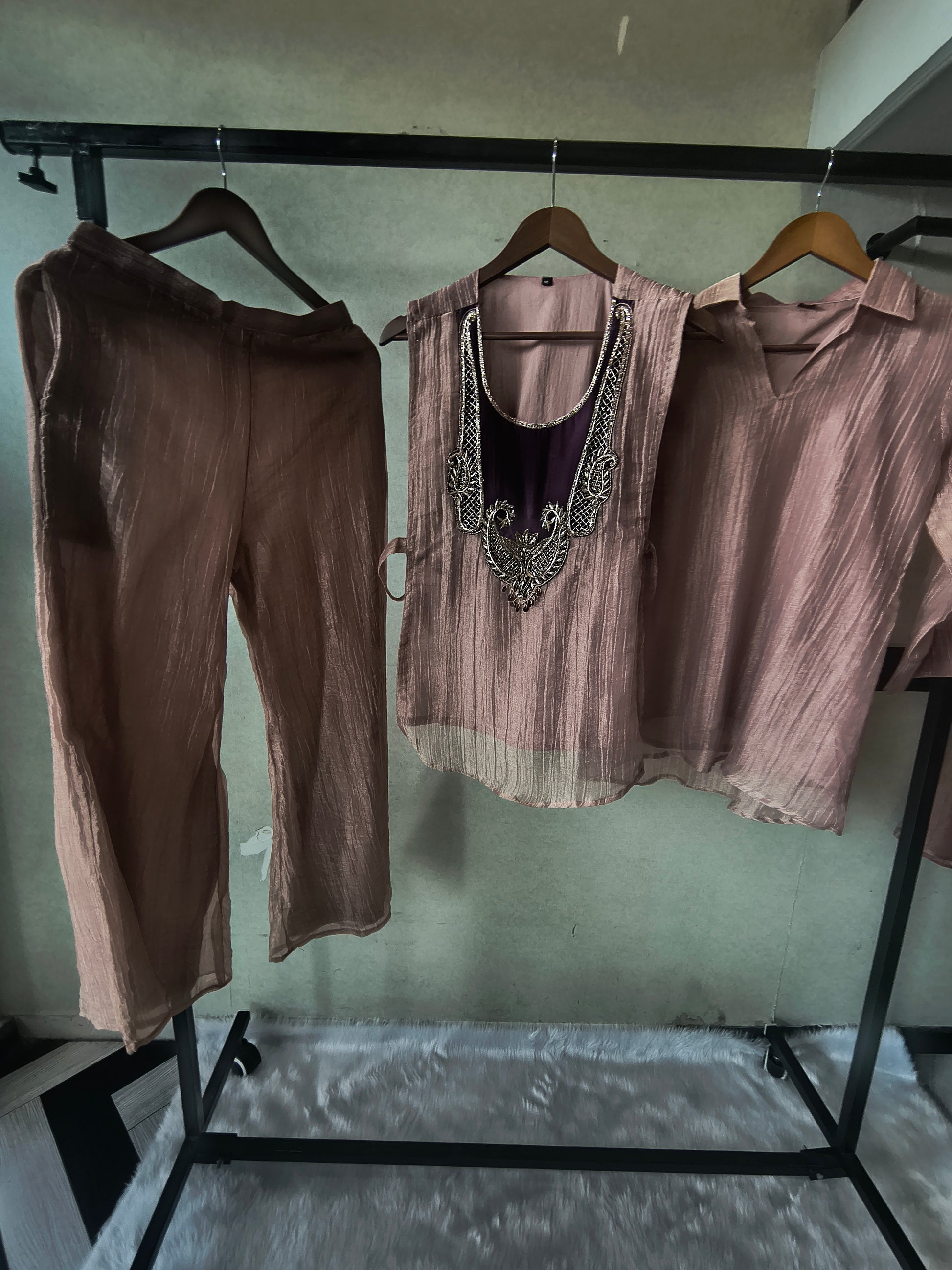 Premium Champagne Tissue Silk Embroidered Kurta with Hand Embellished Statement Yoke (Copy)