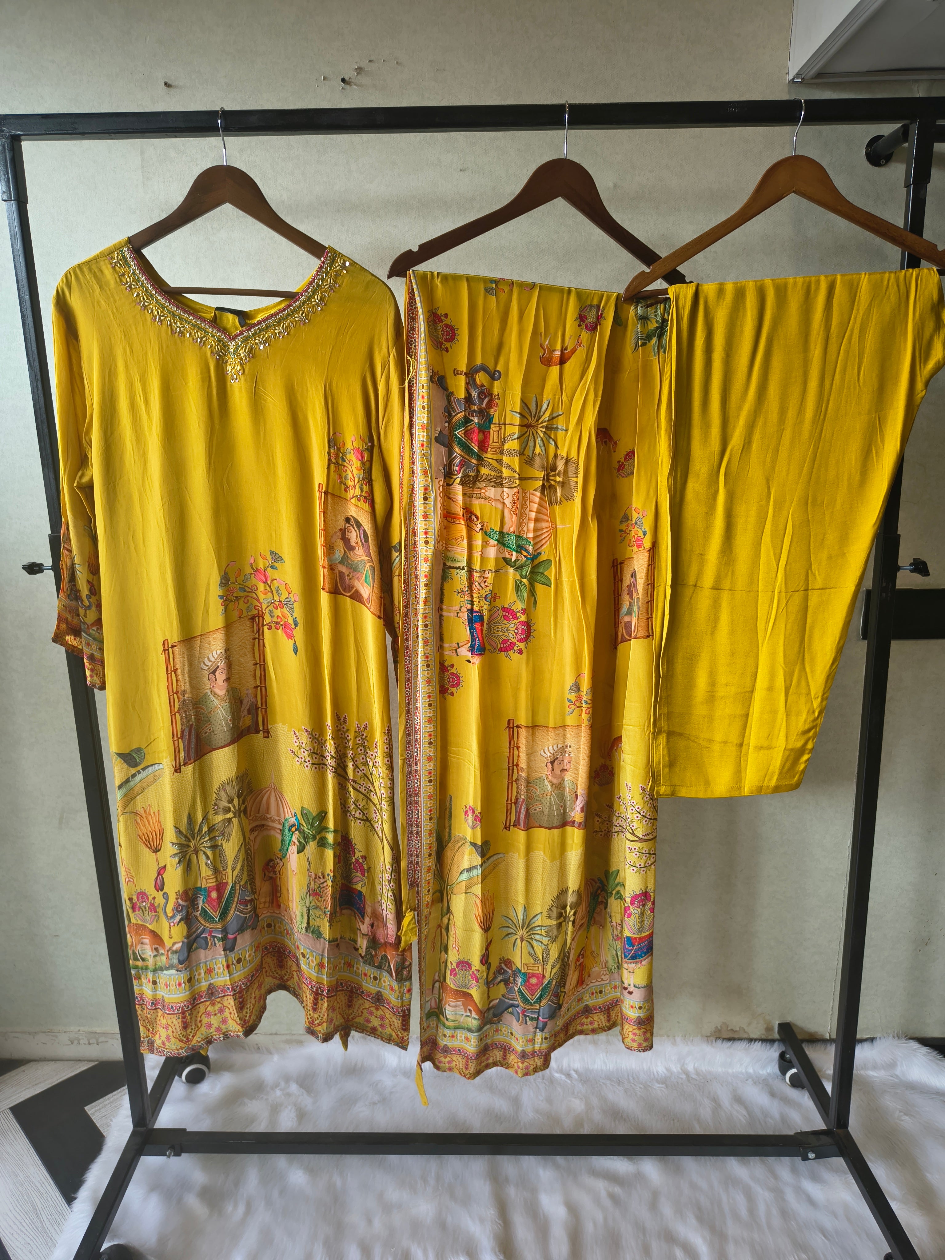 Image of Premium Mustard Yellow Heritage Print Straight Kurta Set with Scenic Dupatta & Straight Pants