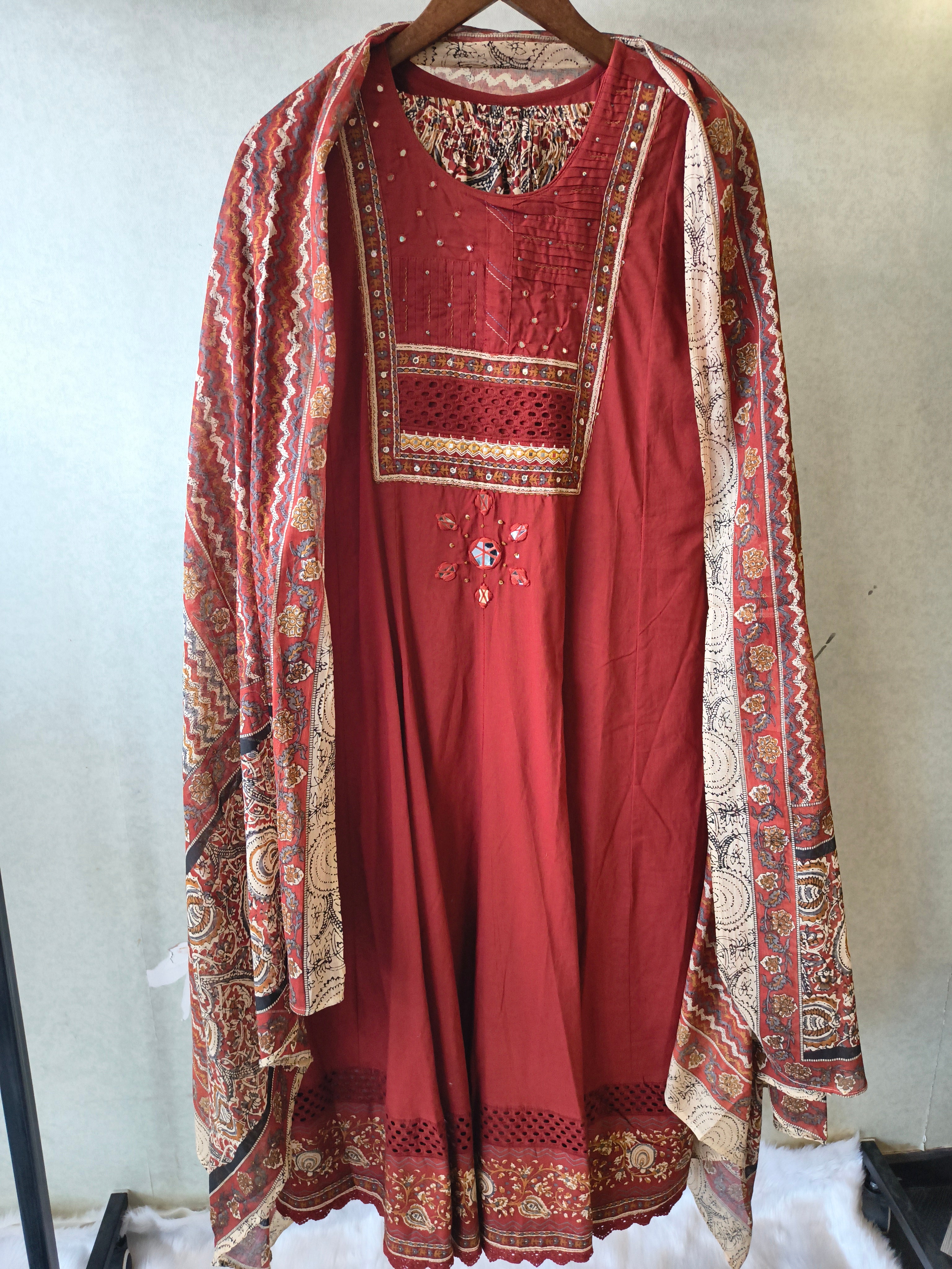 Image of Rust Red Embroidered Three-Piece Kurta Set with Printed Pant & Designer Dupatta