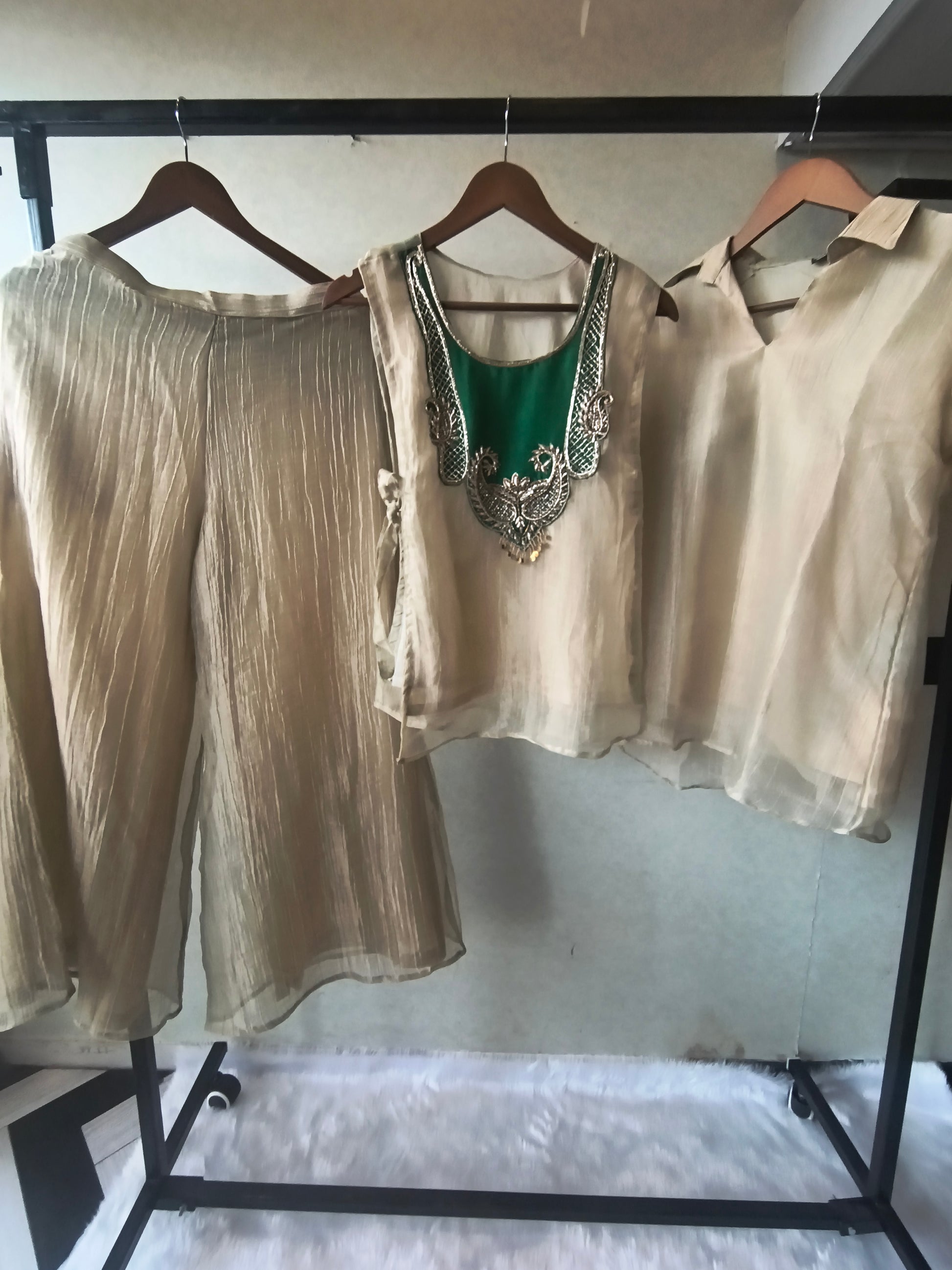 Premium Champagne Gold Tissue Silk 3-Piece Co-Ord Set with Emerald Hand Embellished Jacket, Inner & Palazzo