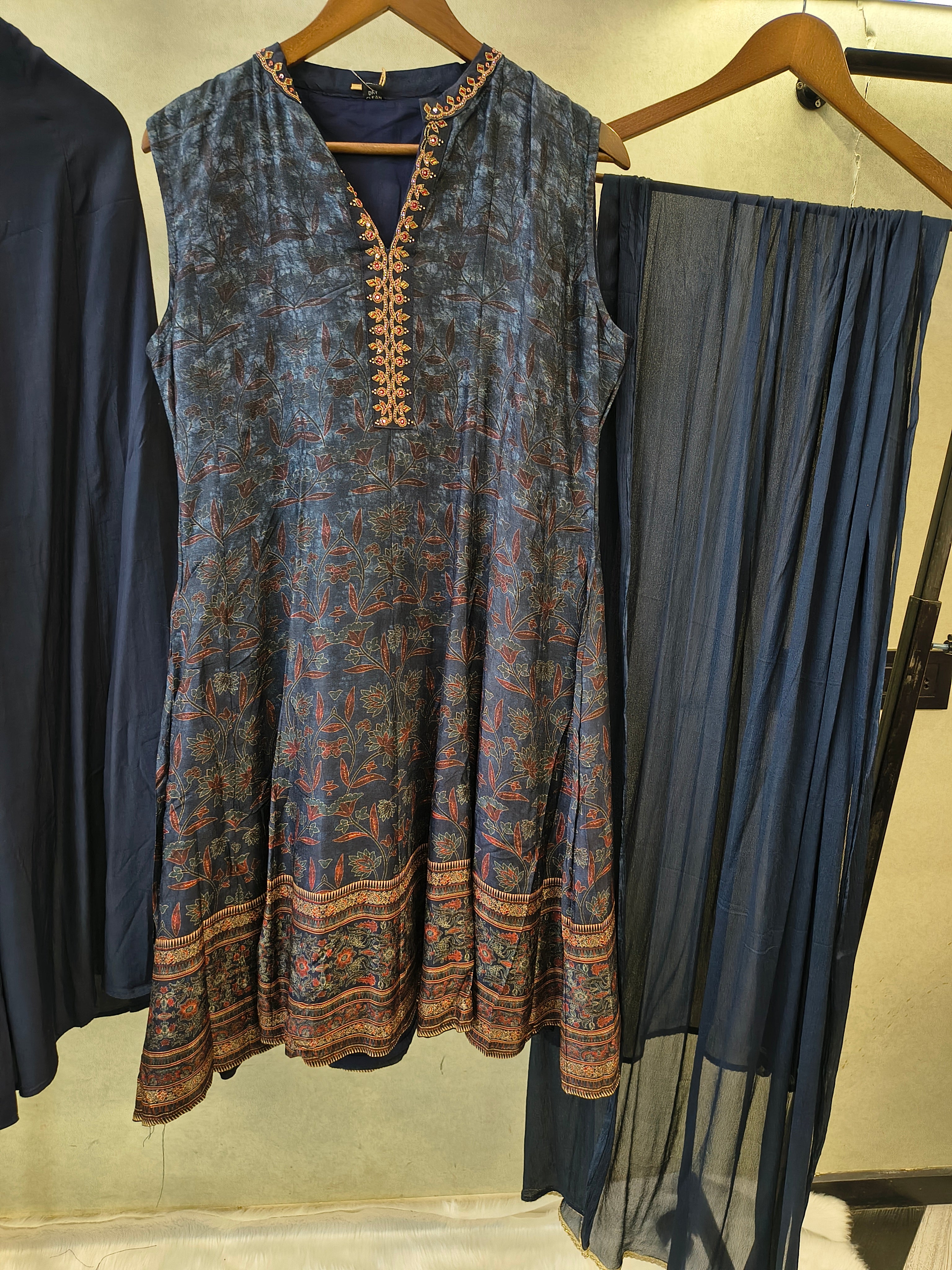Image of Midnight Navy Printed Anarkali Kurta Set with Embroidered Neckline, Palazzo & Chiffon Dupatta | Premium 3 Piece Festive Ensemble