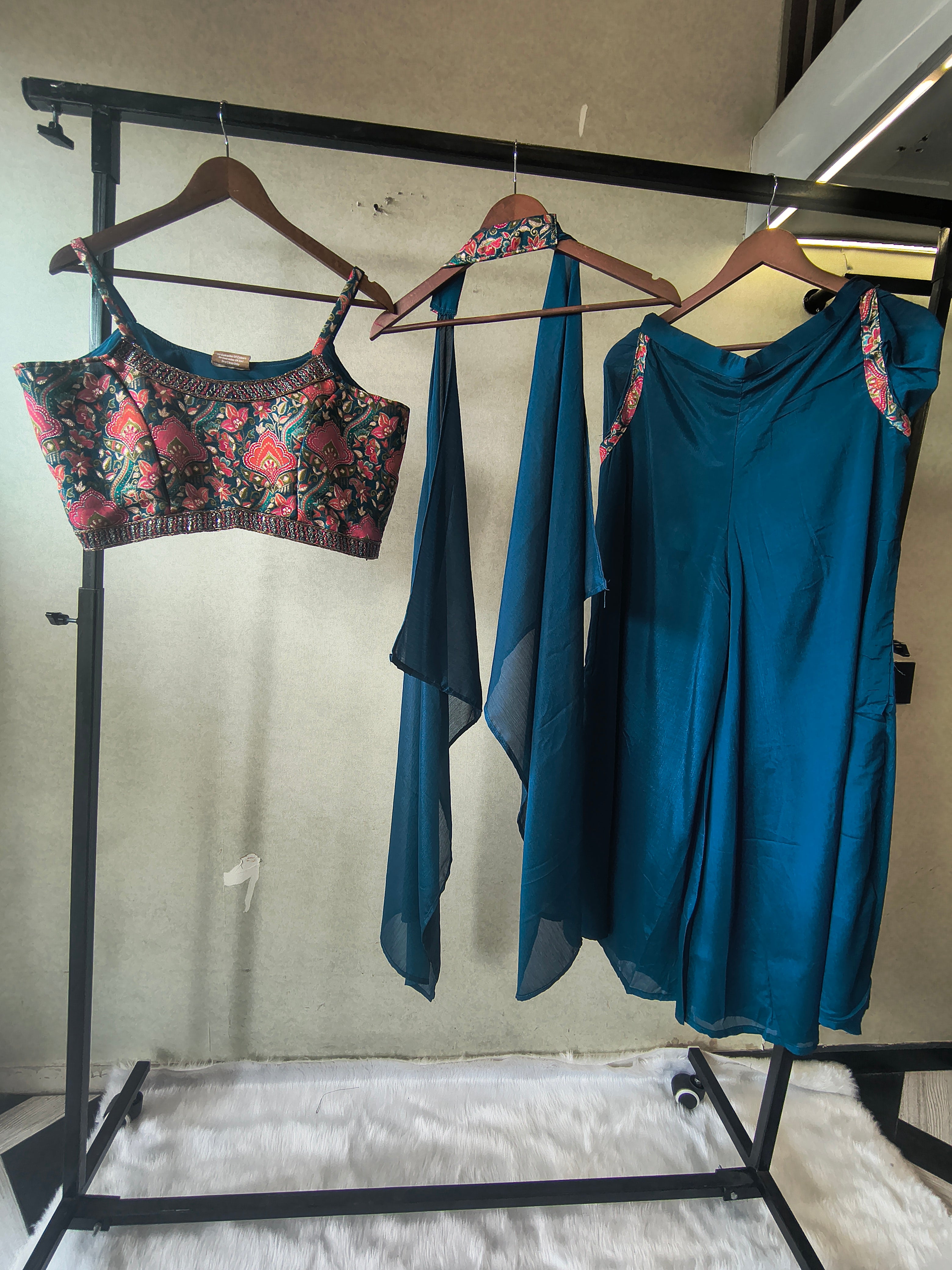 Image of Teal Printed Designer Blouse with Drape Palazzo & Cape – 3 Piece Indo-Western Fusion Party Wear Set