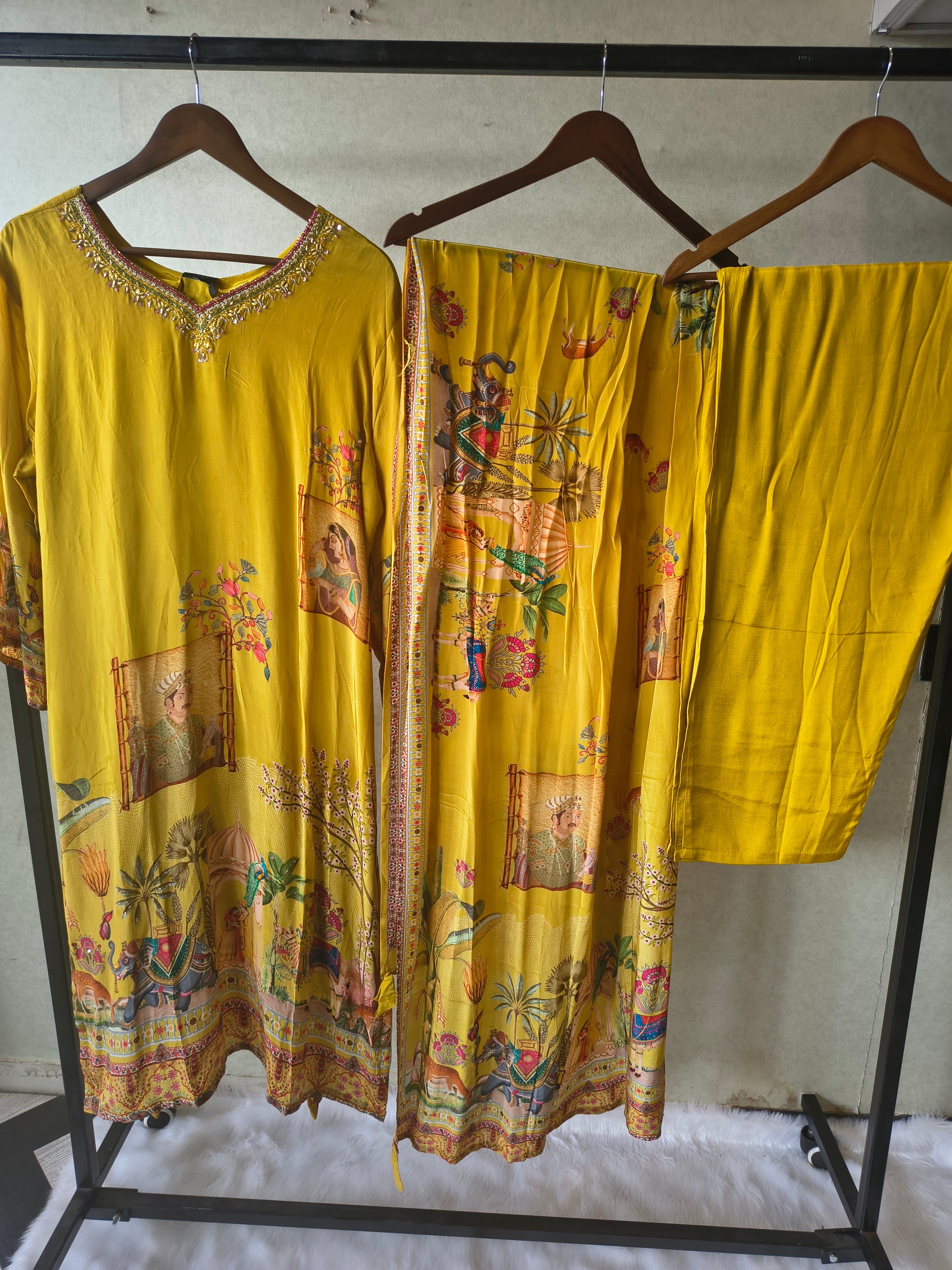 Premium Mustard Yellow Heritage Print Straight Kurta Set with Scenic Dupatta & Straight Pants