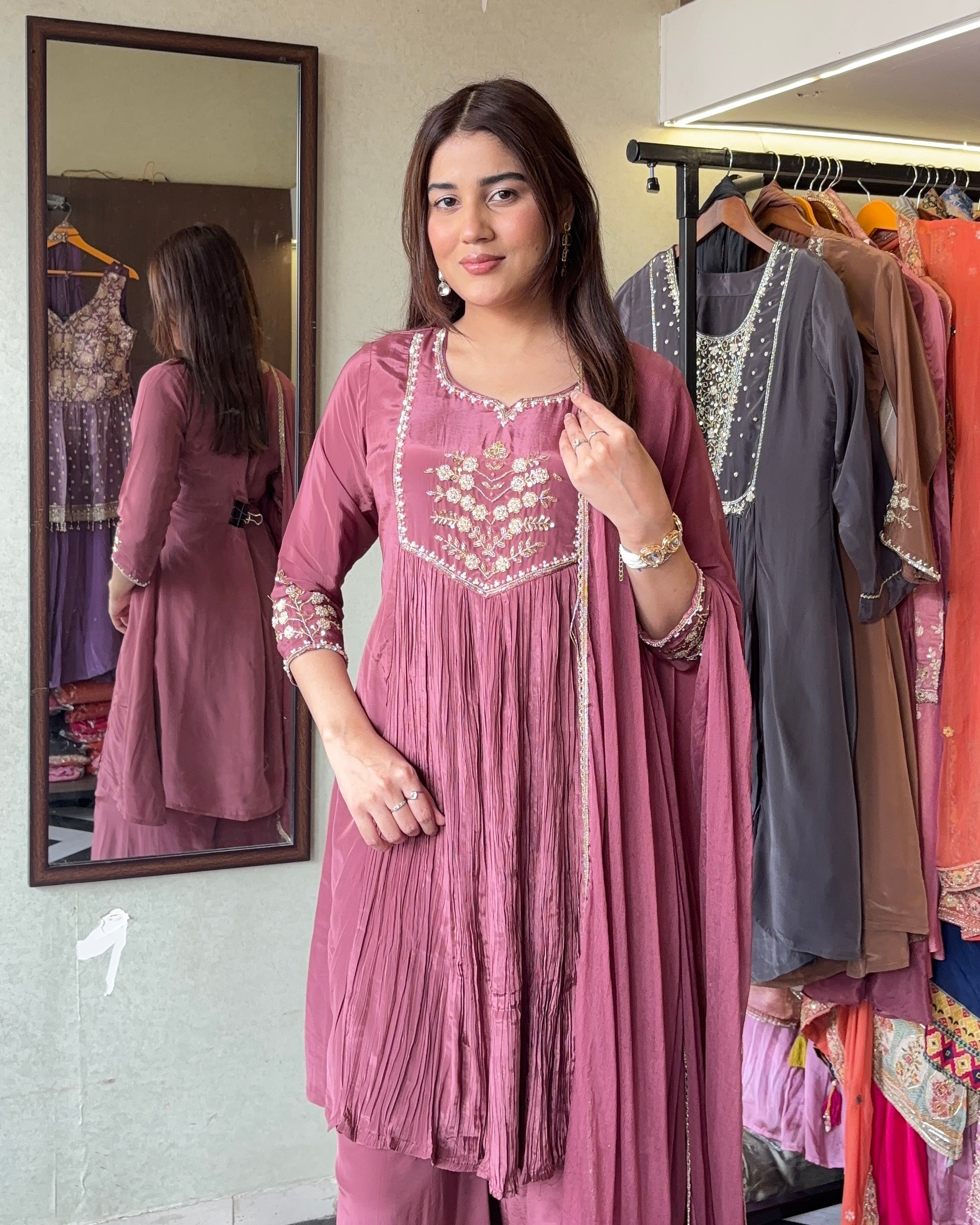 Image of Pure Crepe 3-Piece Indo-Western Fusion Set | Designer Top & Plazzo | Handwork Detailing