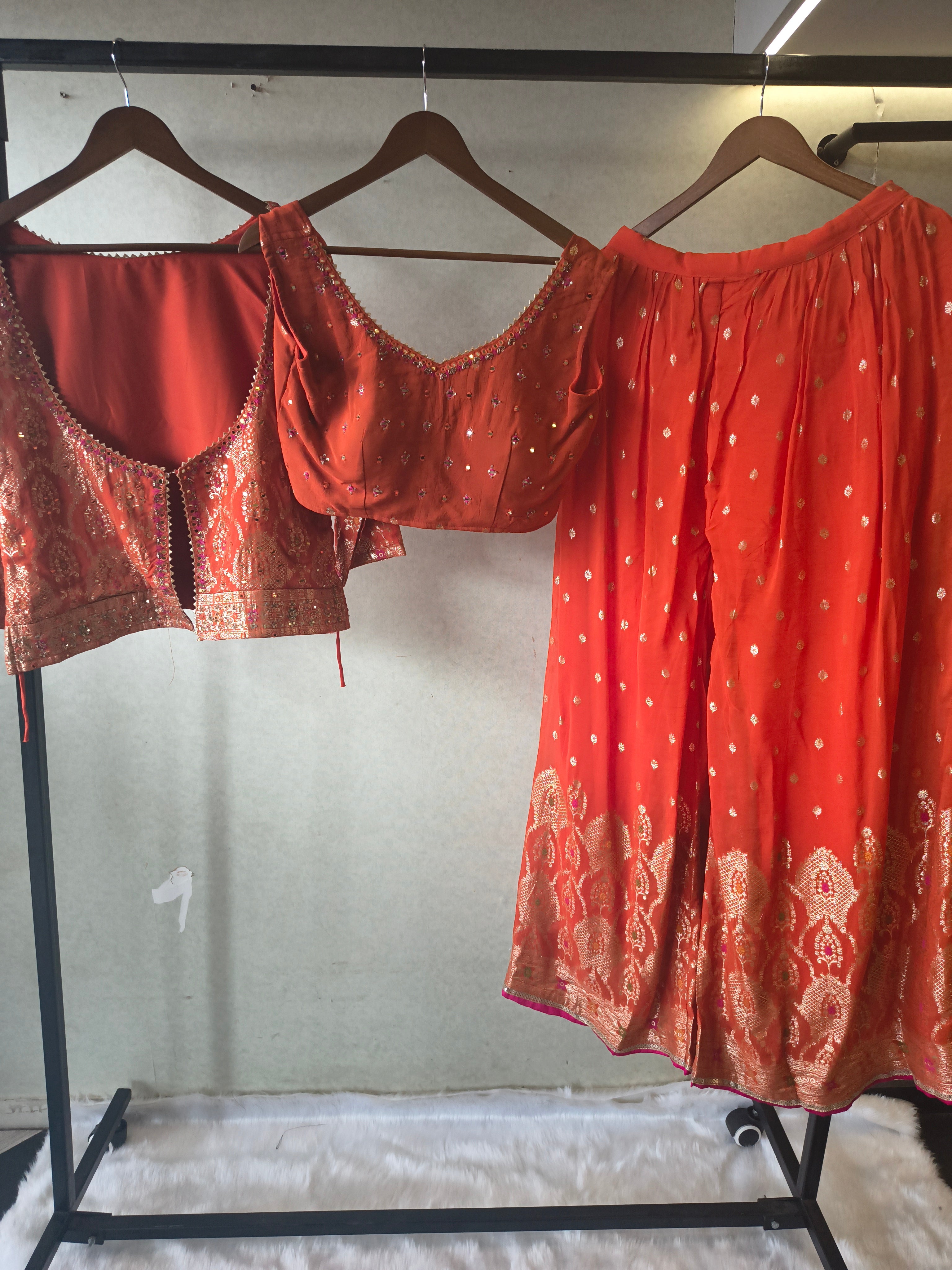 Image of Rust Orange Banarasi Embroidered Lehenga Set with Handworked Blouse & Embellished Blouse – Designer 3 Piece Festive Ensemble