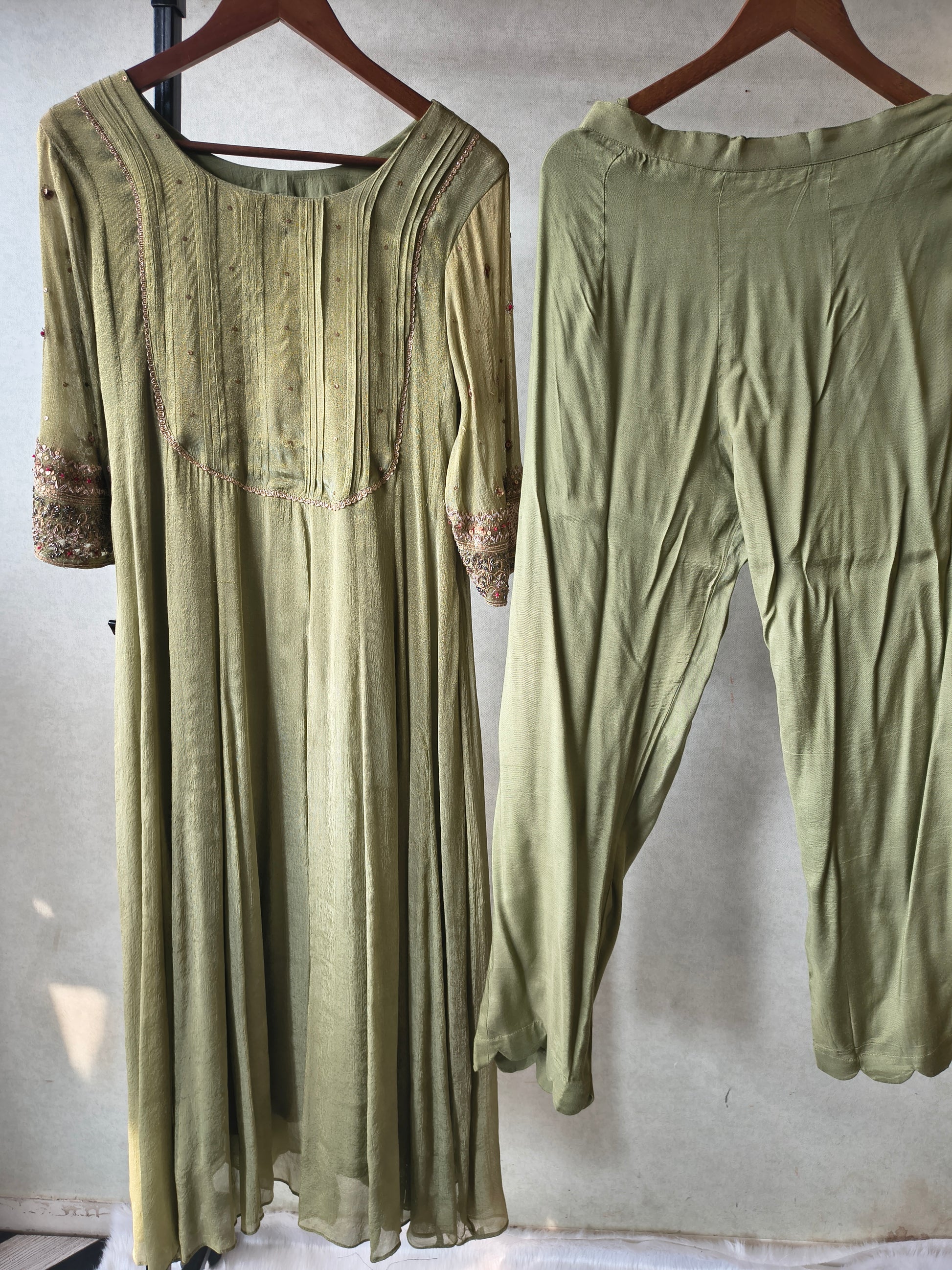 Sage Green Georgette Anarkali Suit Set with Pintuck Yoke, Embroidered Sleeves & Metallic Striped Dupatta – Premium 3 Piece Ethnic Ensemble