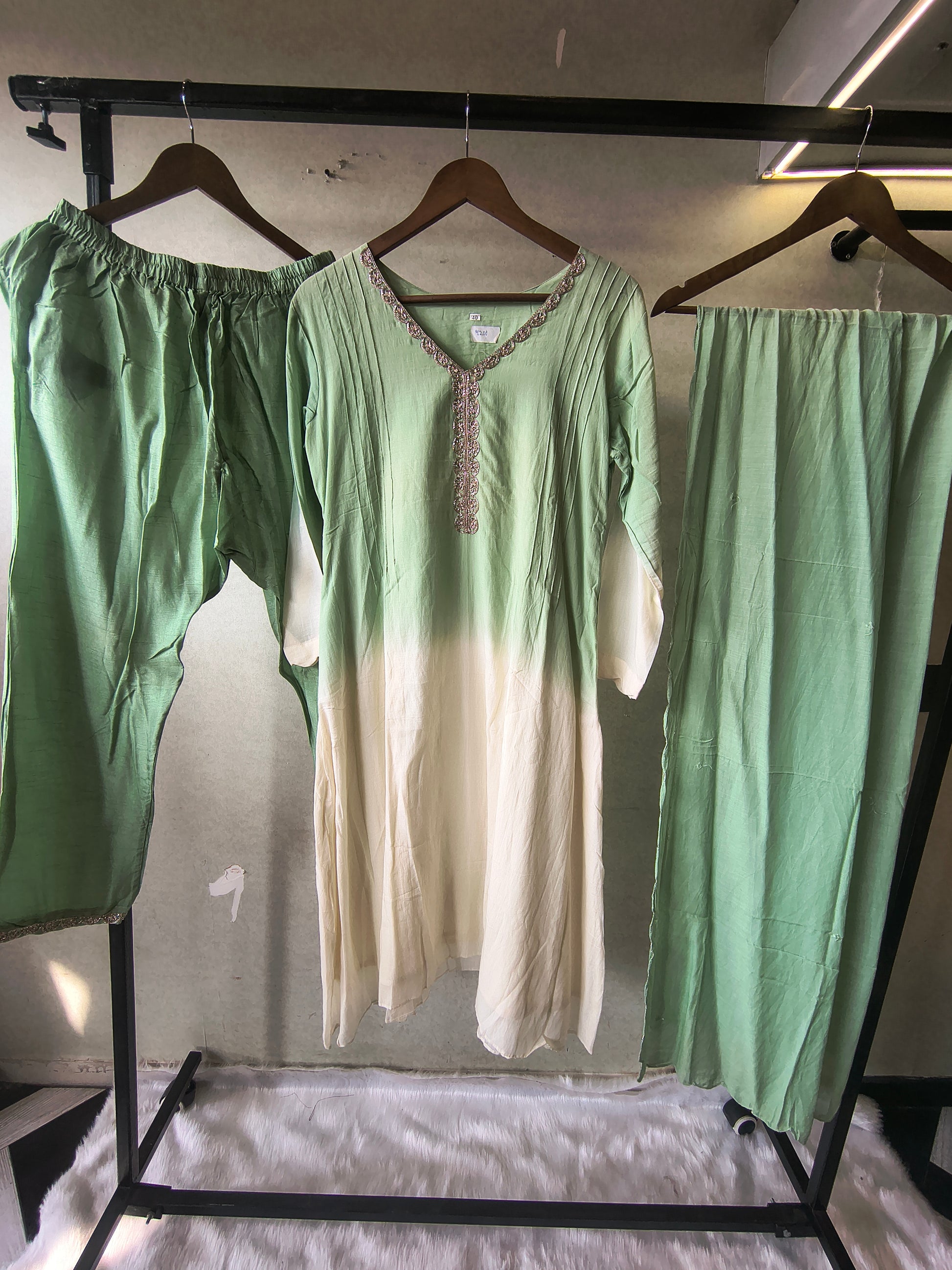 Mint Green Ombre Silk Blend Kurta Set with Embellished Neckline & Matching Dupatta – Premium 3 Piece Ethnic Ensemble