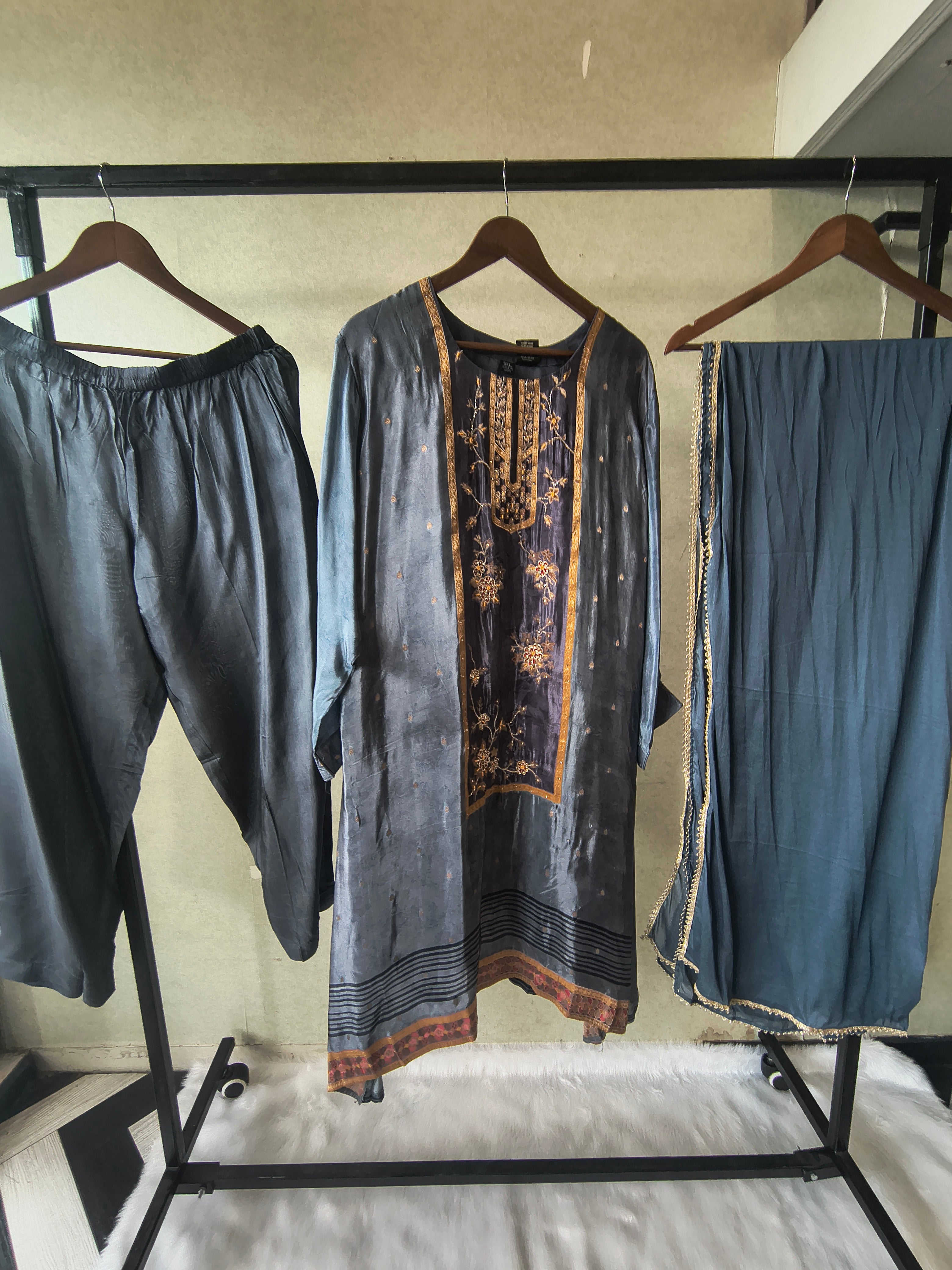 Image of Steel Blue Designer Silk Blend Embroidered Kurta Set with Pants & Dupatta