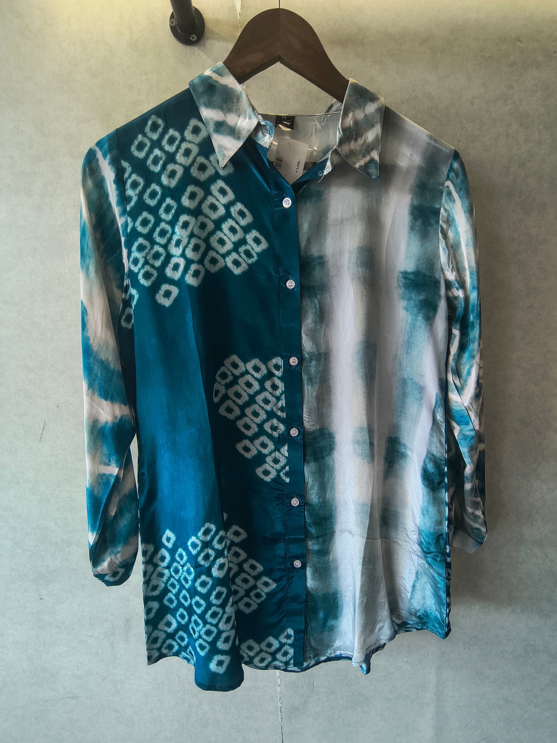 Teal Shibori Print Satin Shirt Style Tunic