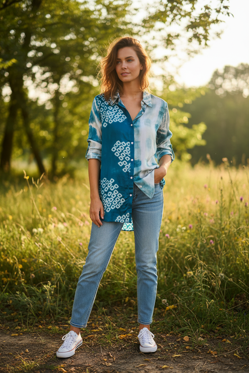 Image of Teal Shibori Print Satin Shirt Style Tunic