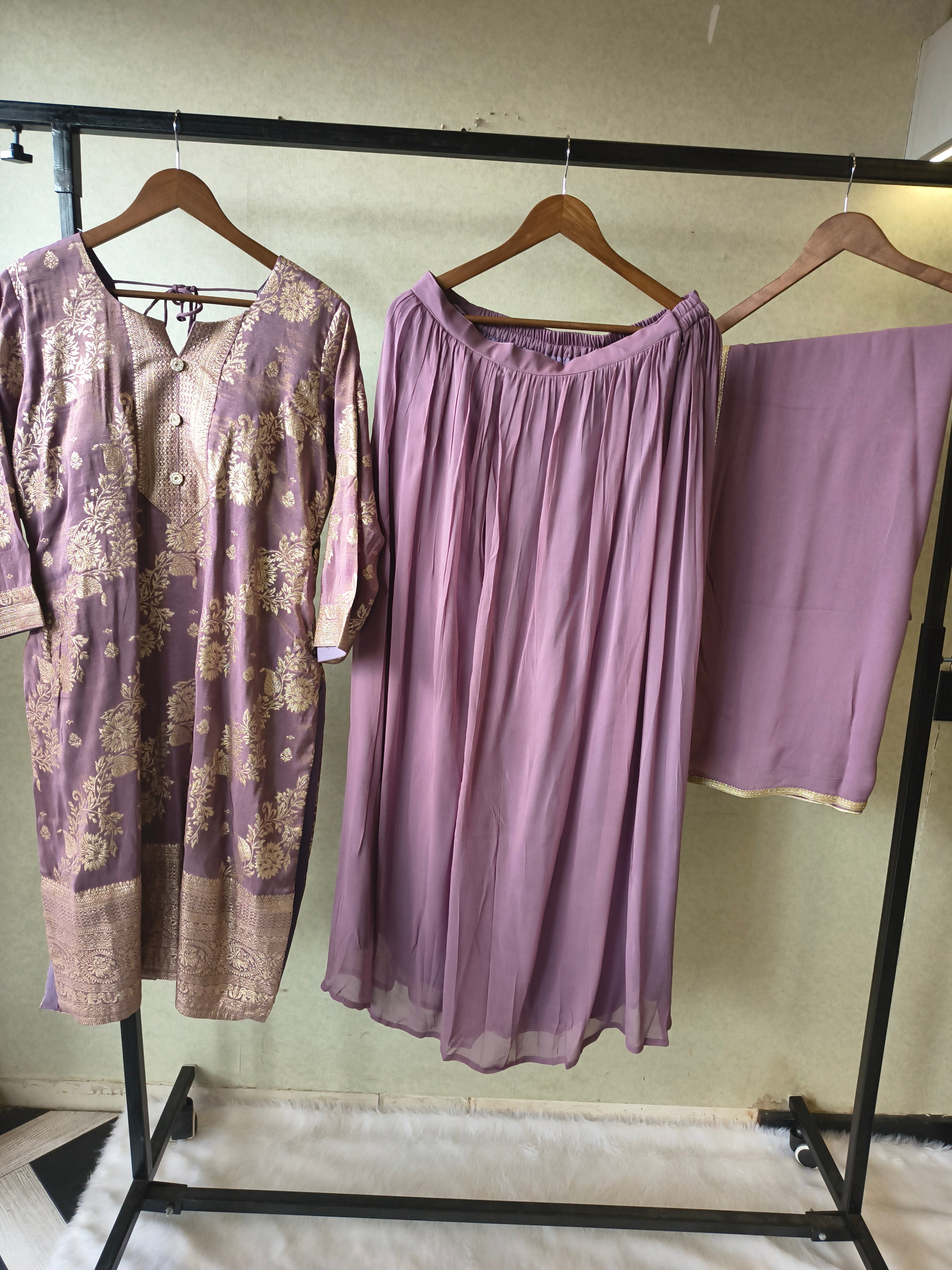 Image of Premium Lavender Jacquard Straight Kurta with Georgette Sharara & Dupatta Set