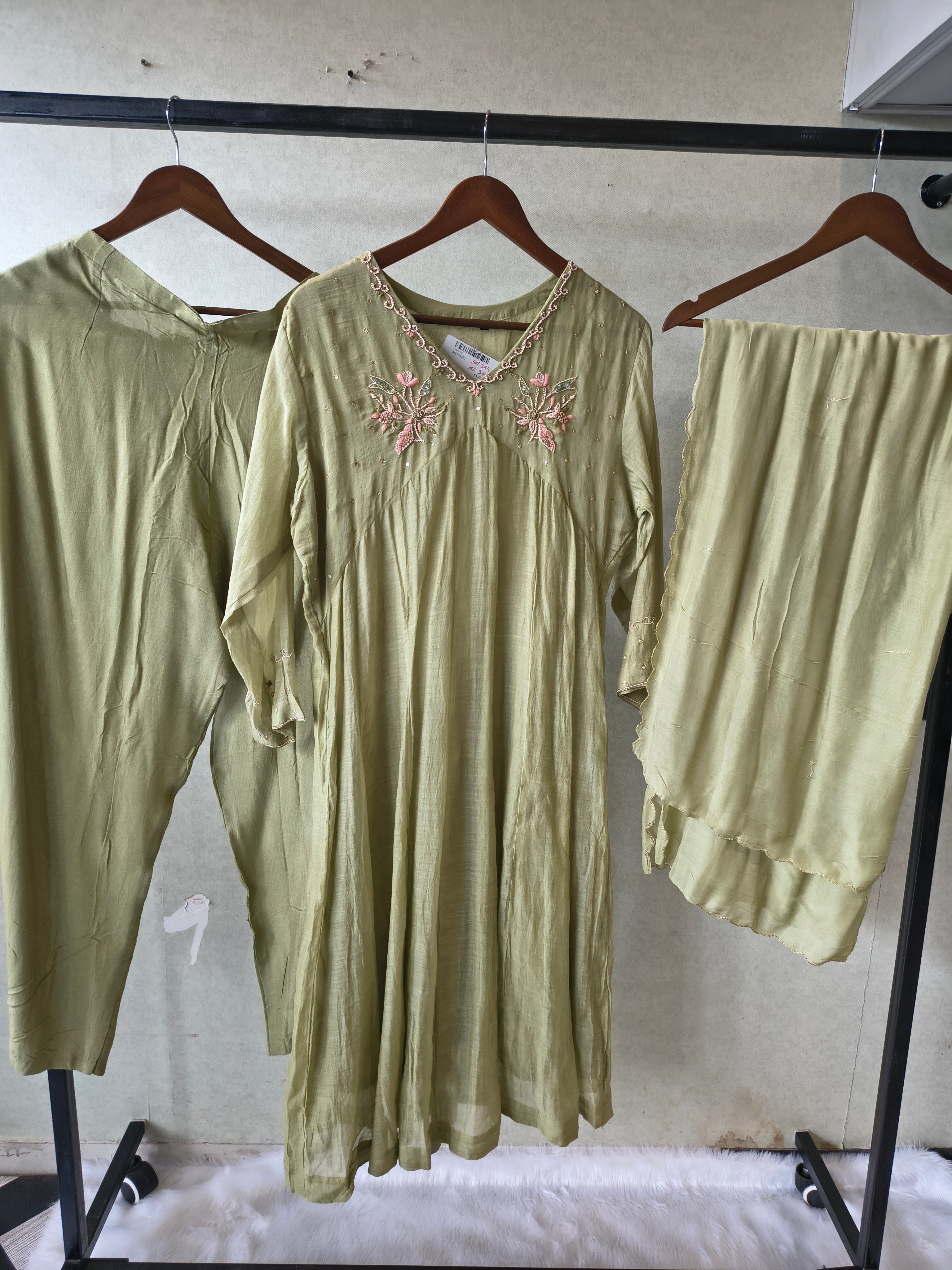 Image of Premium Olive Green Embroidered A-Line Kurta Set with Dupatta