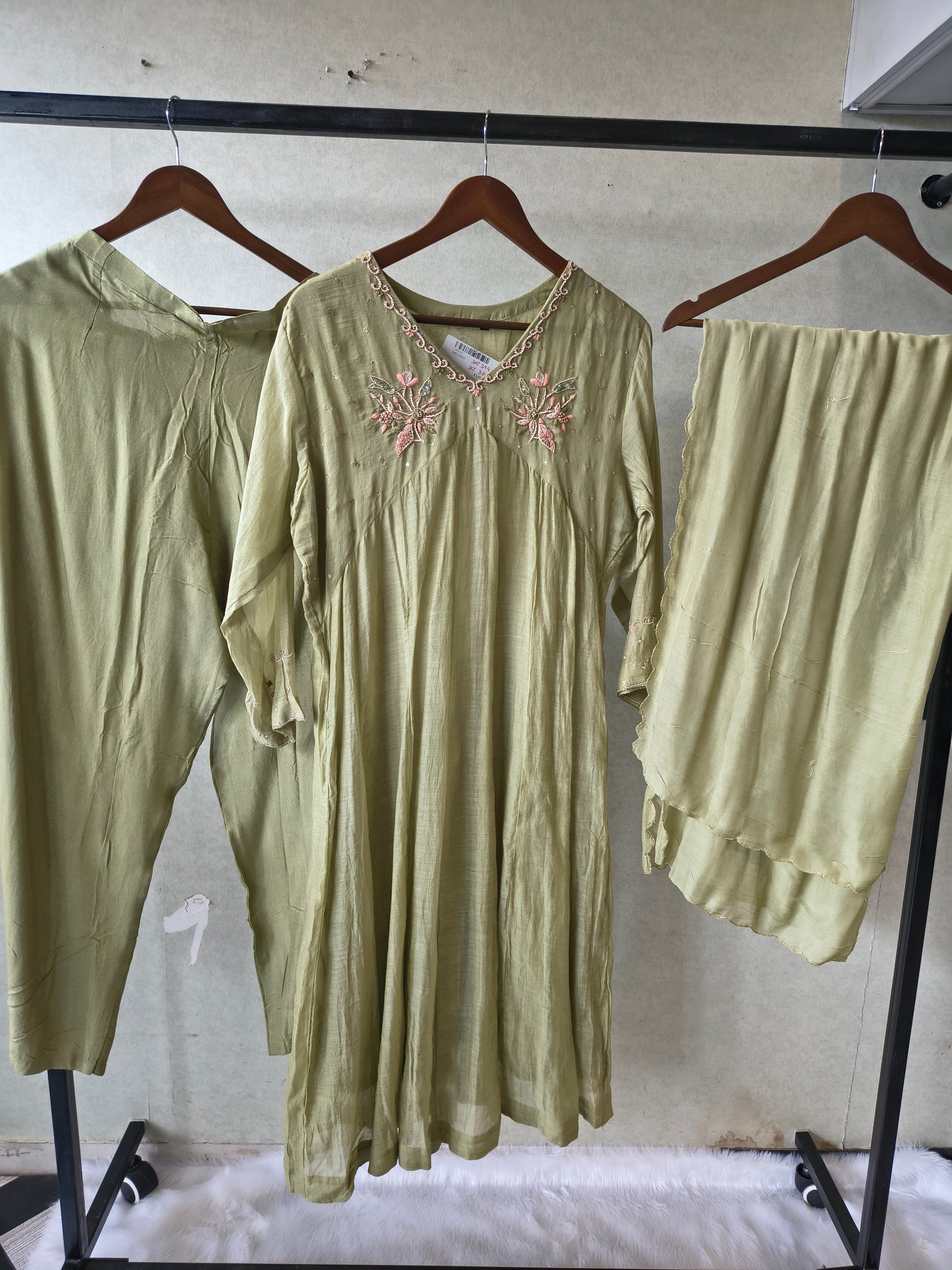 Premium Olive Green Embroidered A-Line Kurta Set with Dupatta