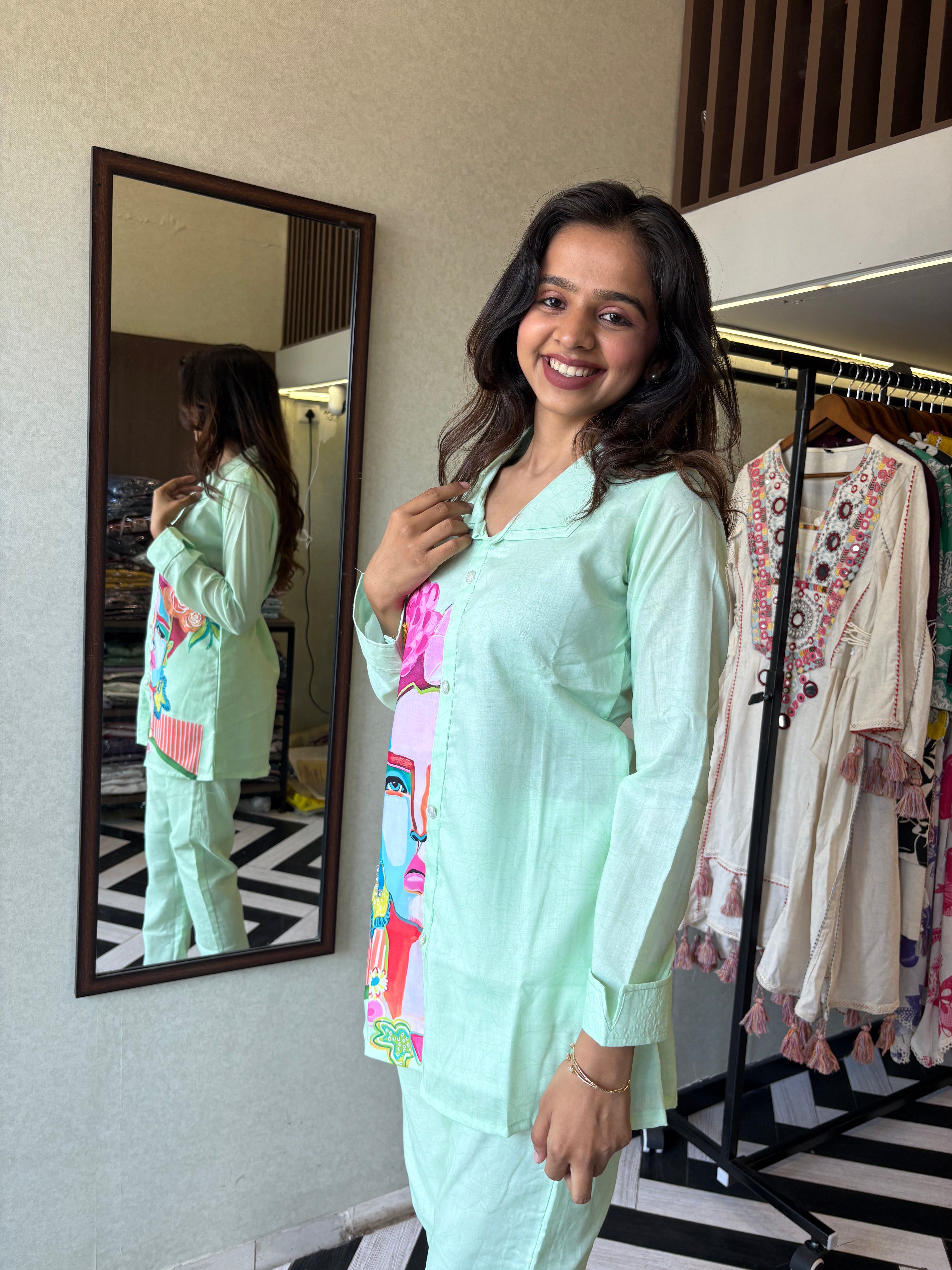 Image of Pure cotton 2-piece coord set in soothing pista color - designed with elegant prints and made for all-day comfort.