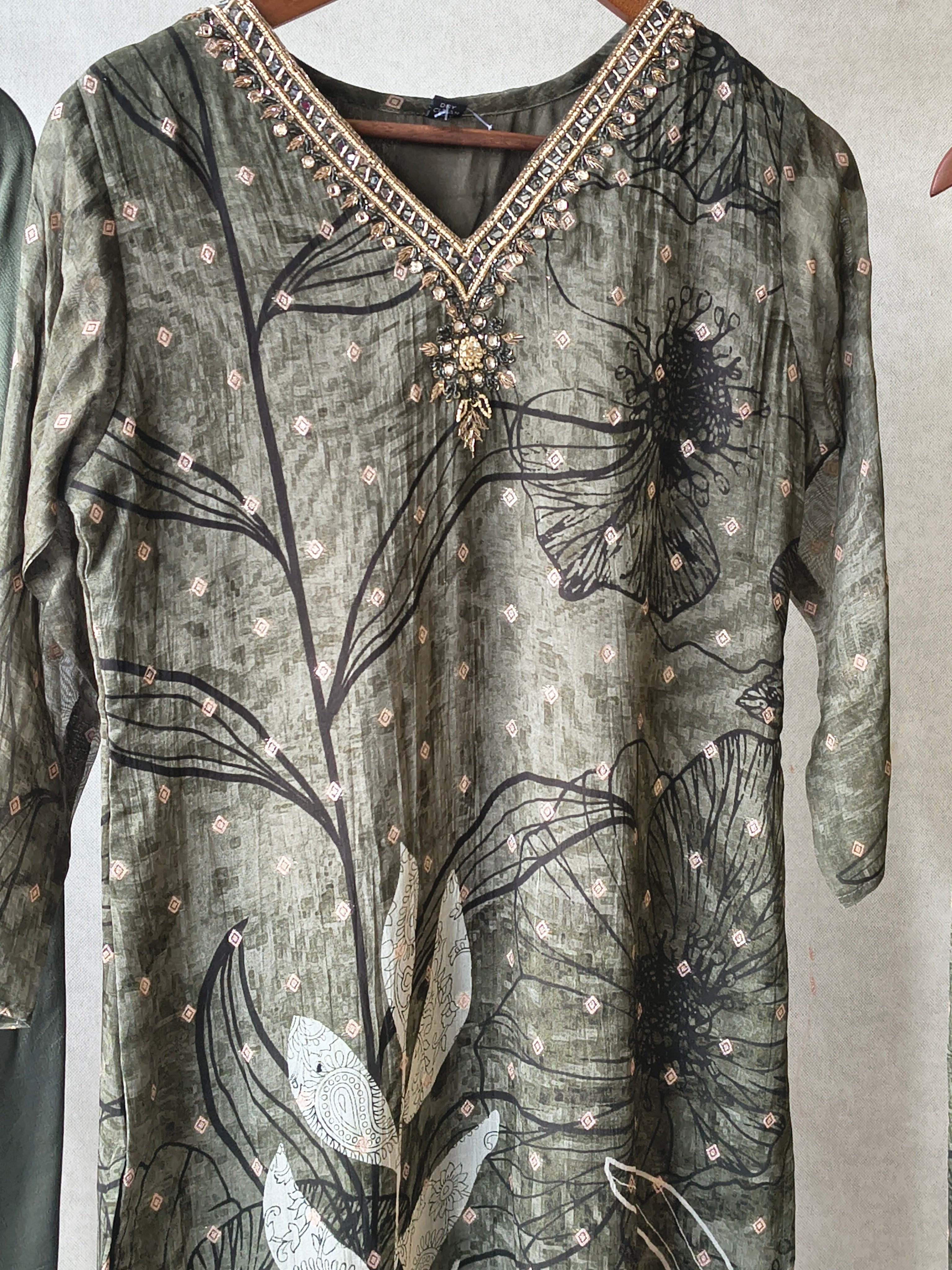Image of Premium Olive Botanical Print Straight Kurta with Cigarette Pants & Dupatta Set