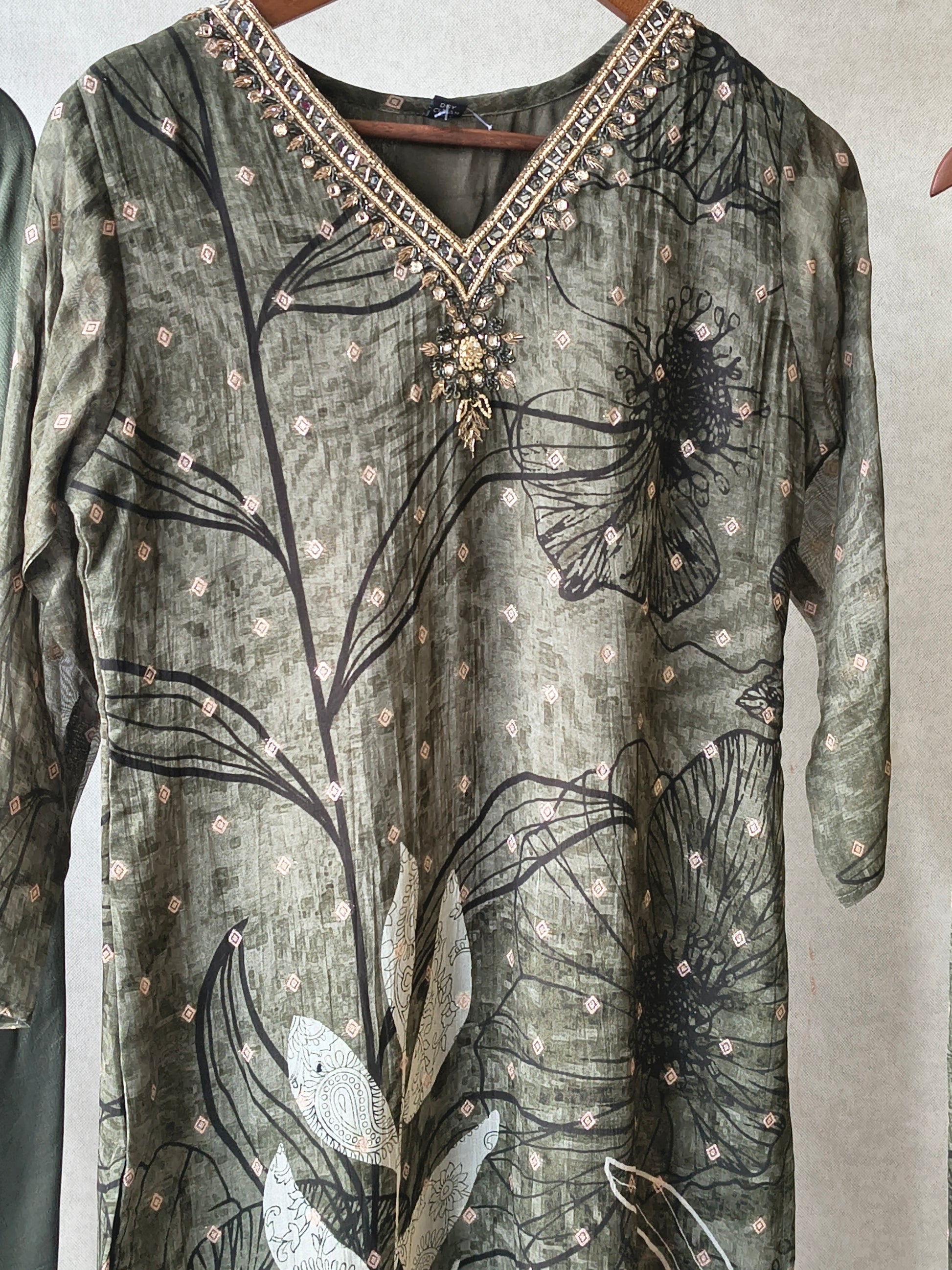Premium Olive Botanical Print Straight Kurta with Cigarette Pants & Dupatta Set