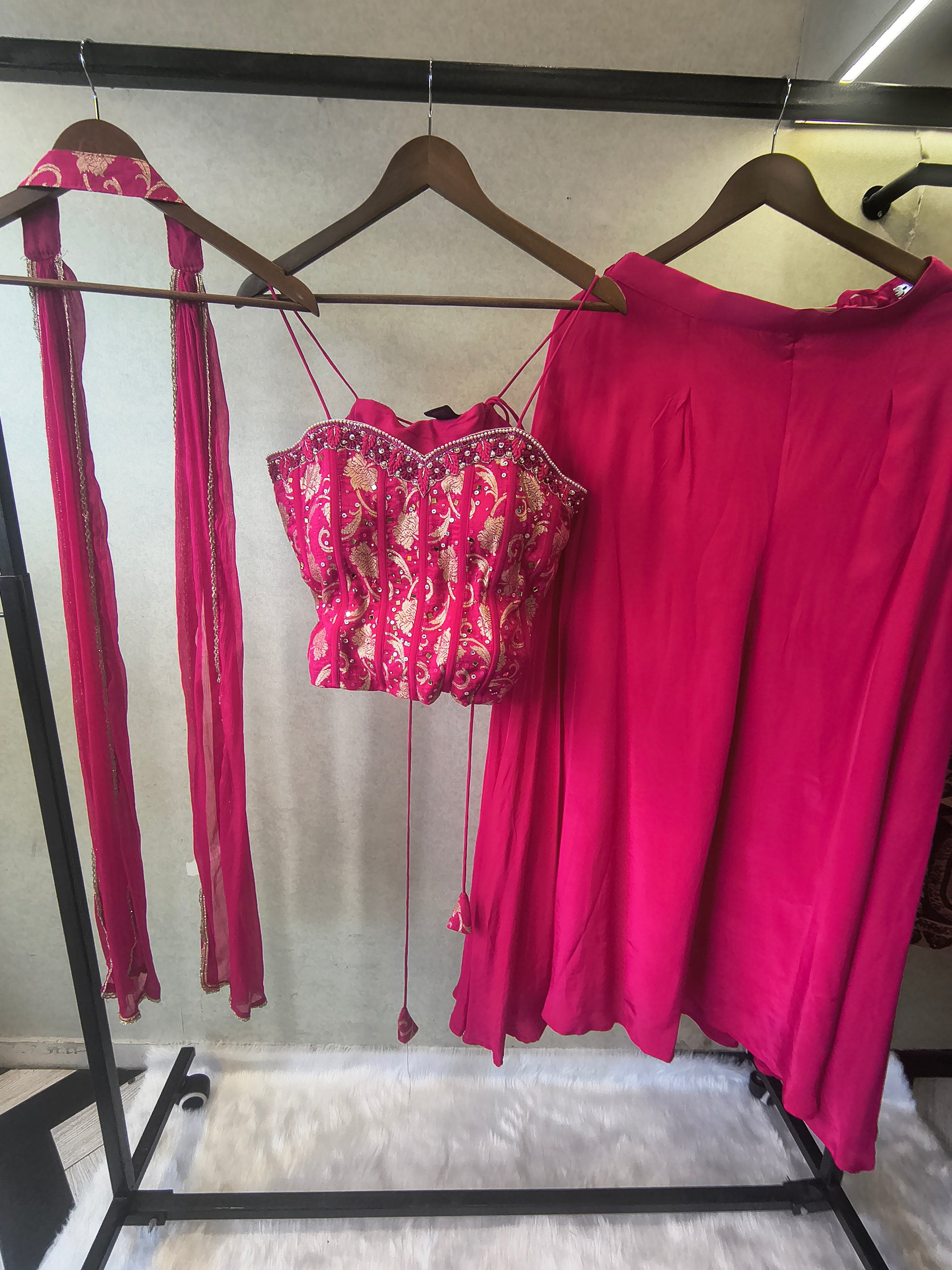 Luxury Rani Pink Corset Blouse with Flared Palazzo & Embellished Choker Dupatta – 3 Piece Designer Indo-Western Set