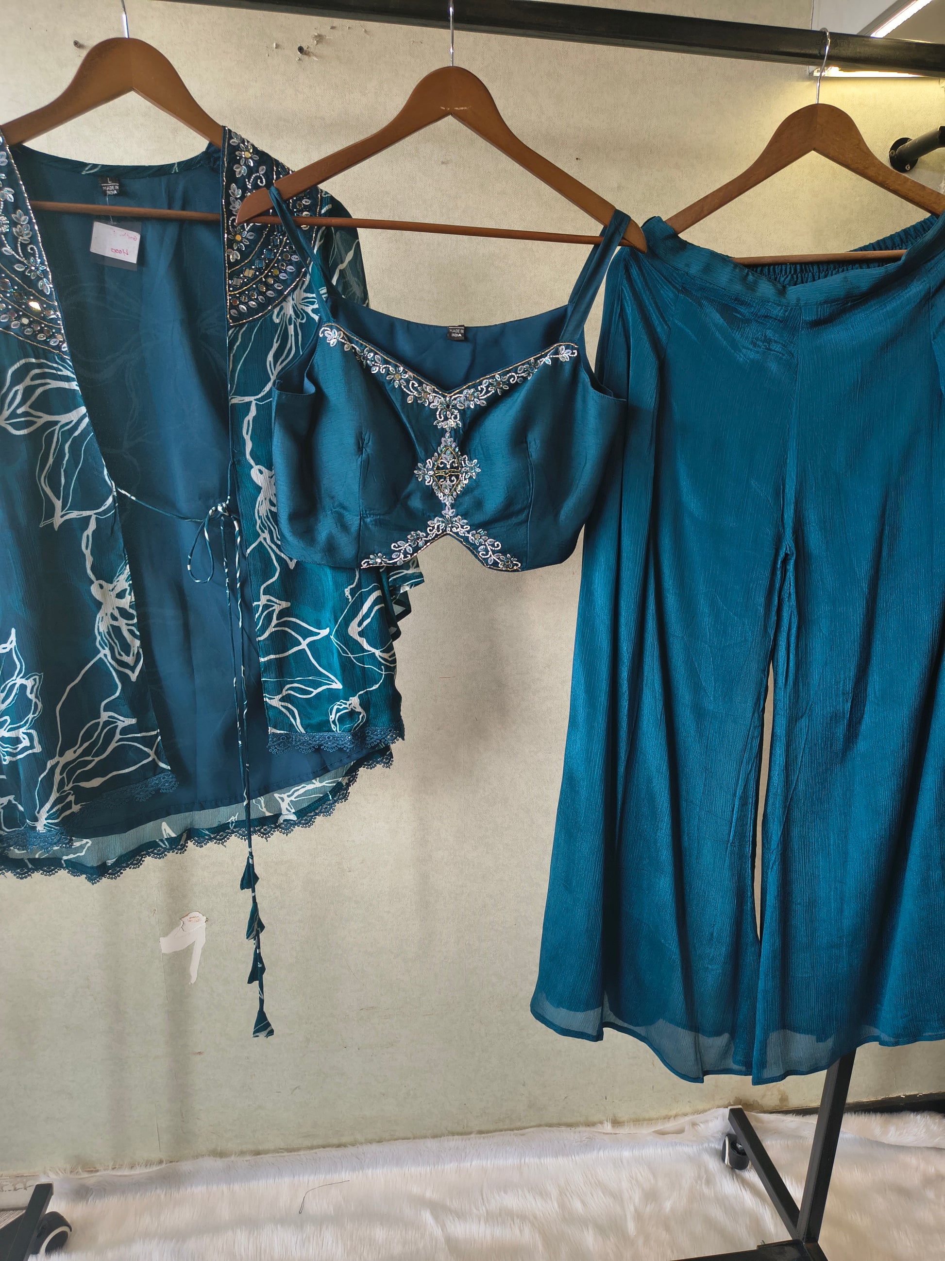 Teal Printed Shrug with Embroidered Designer Bralette & Flared Palazzo – 3 Piece Indo-Western Co-Ord Set