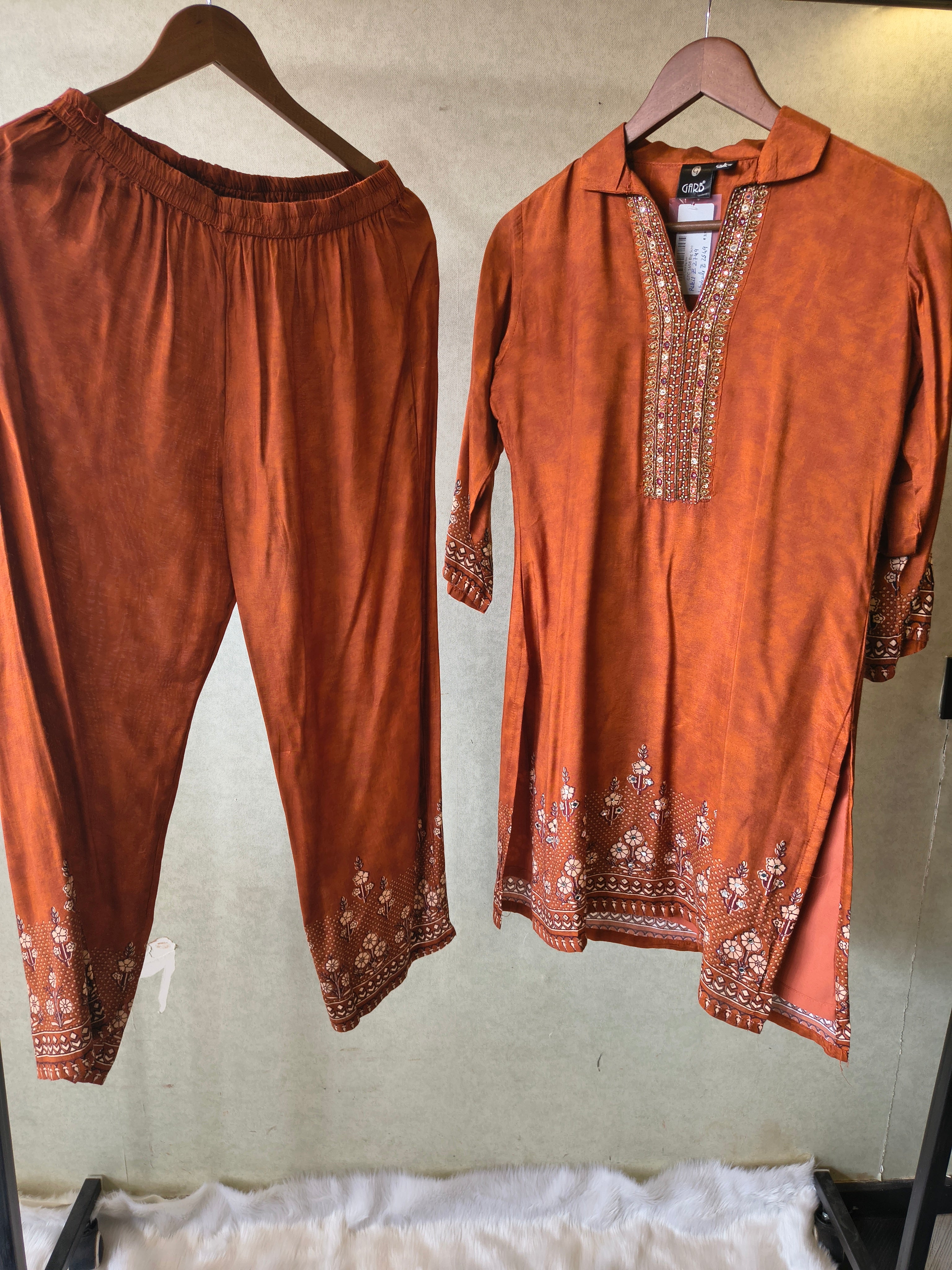 Image of Rust Brown Designer Ethnic Co-Ord Set with Embellished Neckline & Printed Borders